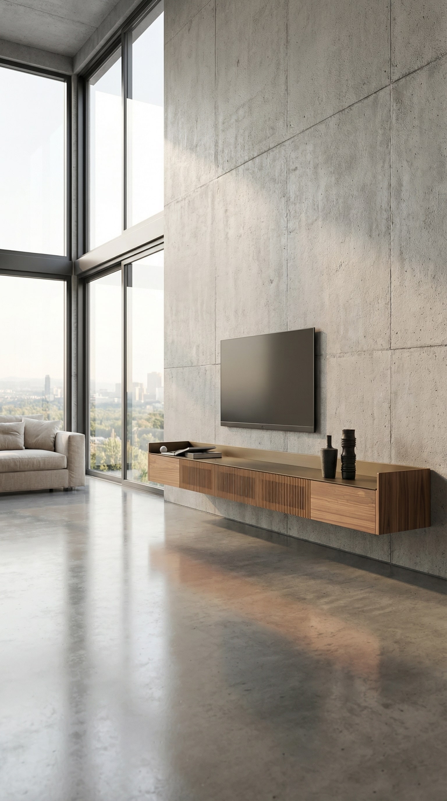 Wandhangend Punt Stockholm Slim Houten Sideboard in een moderne loft met koele vloer