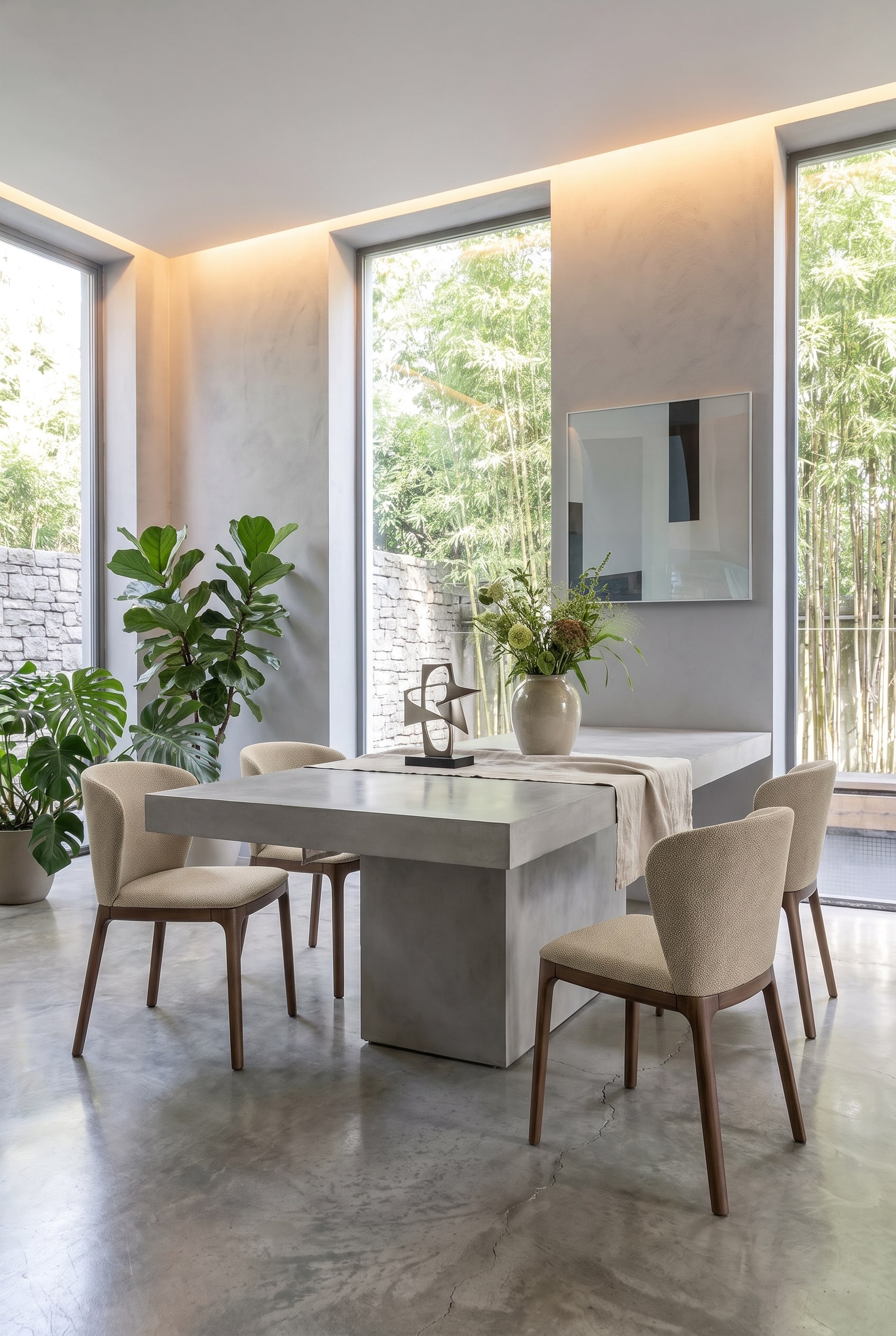 Minimalistisches Esszimmer mit k&uuml;hlem Betontisch und einem gepolsterten Stuhl in beigem Stoff mit Holzbeinen.
