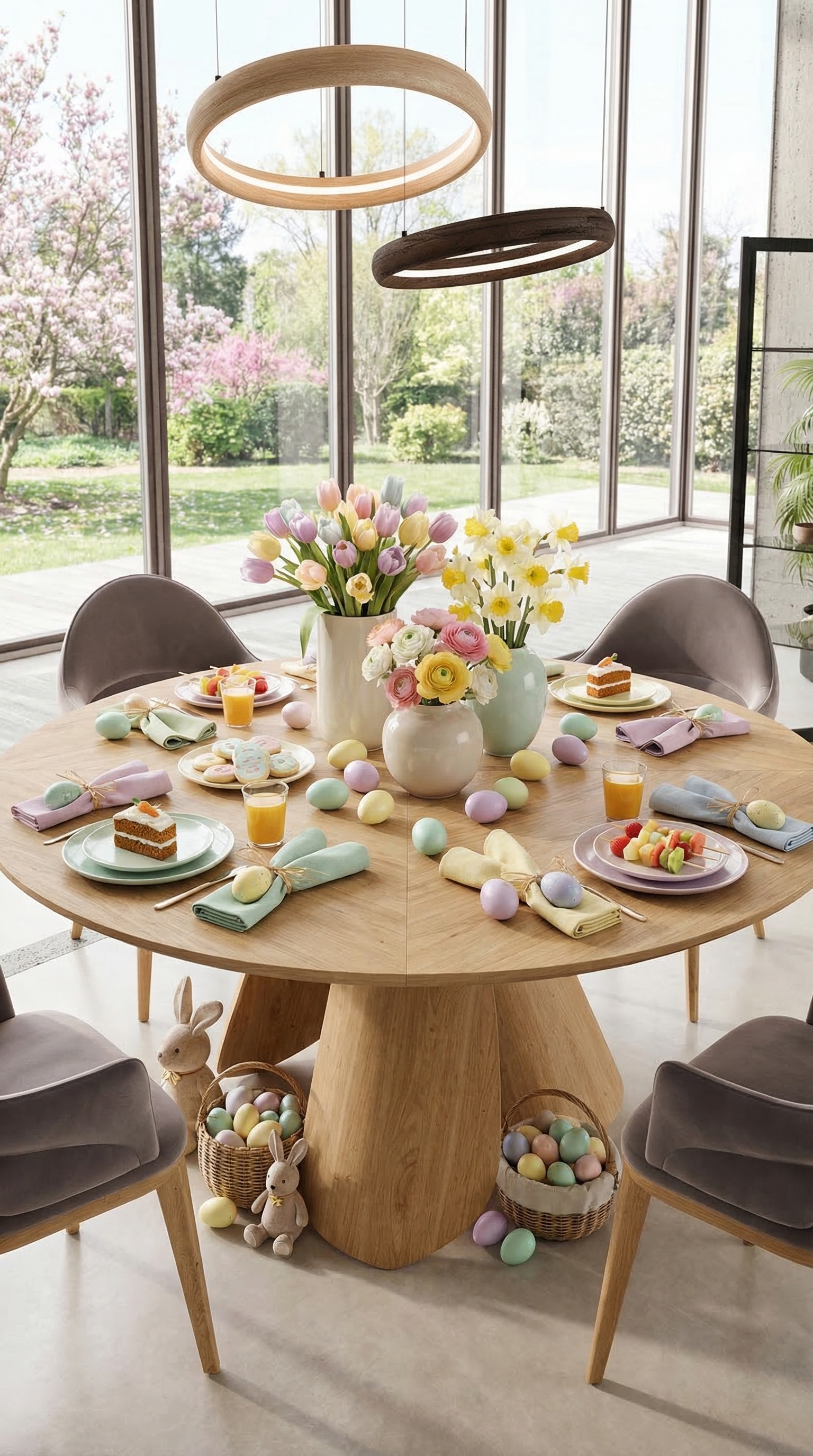 Een ronde eettafel met kindvriendelijke paasdecoratie in pastelkleuren en servettenhaasjes.