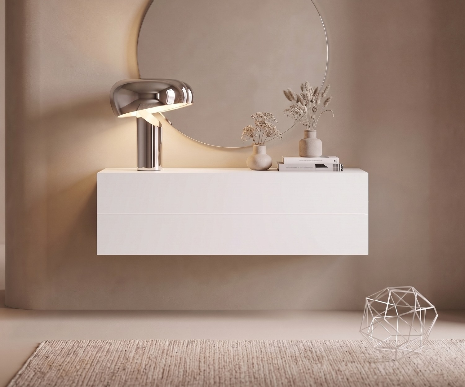 Wit hangend dressoir Easy van Novamobili Novamobili Easy hangend dressoir in wit met 2 laden, modern wandmeubel voor de hal met ronde spiegel en design tafellamp.