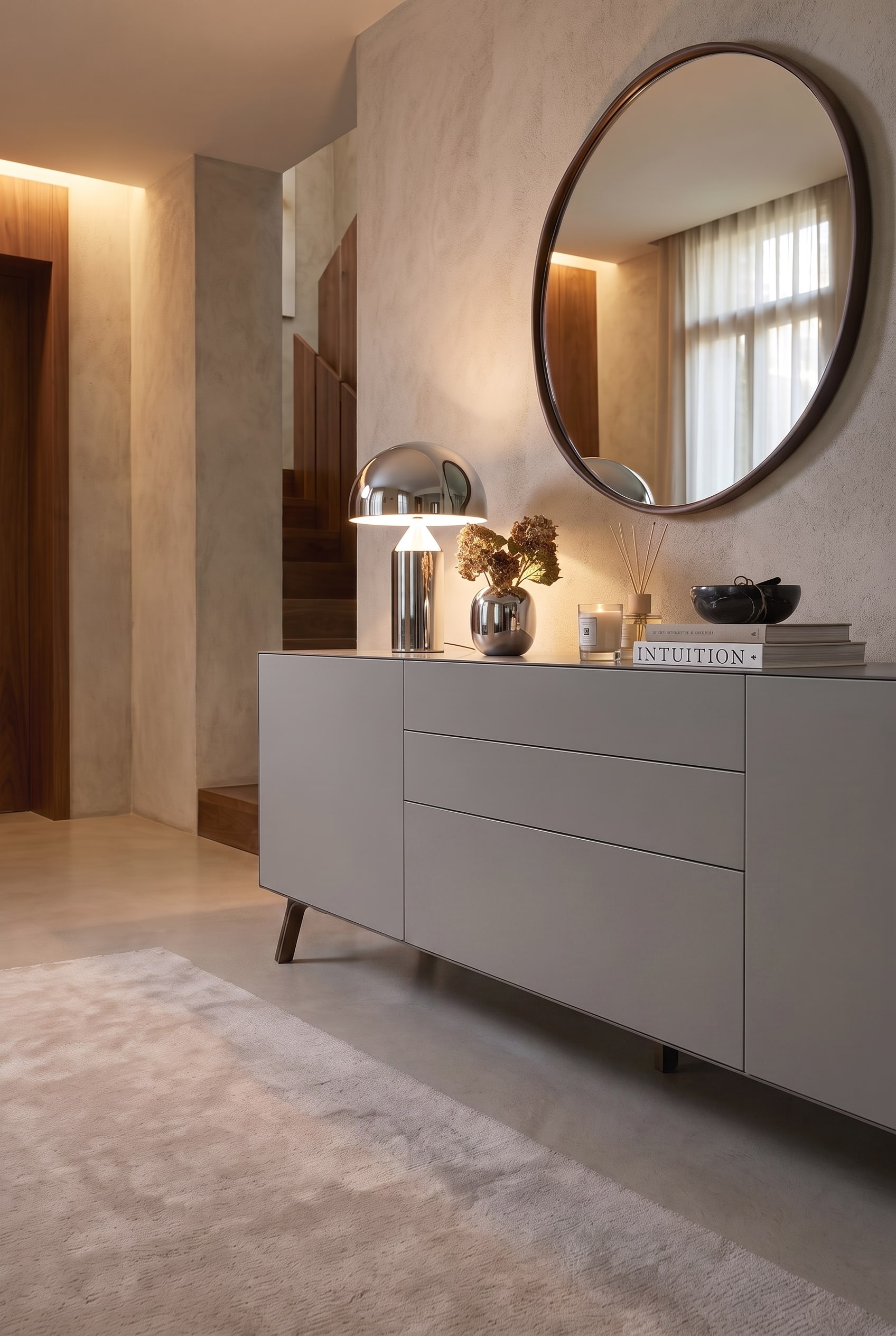 Buffet gris fermé dans un couloir, avec un escalier en bois visible en arrière-plan. Un tapis clair est posé au sol.