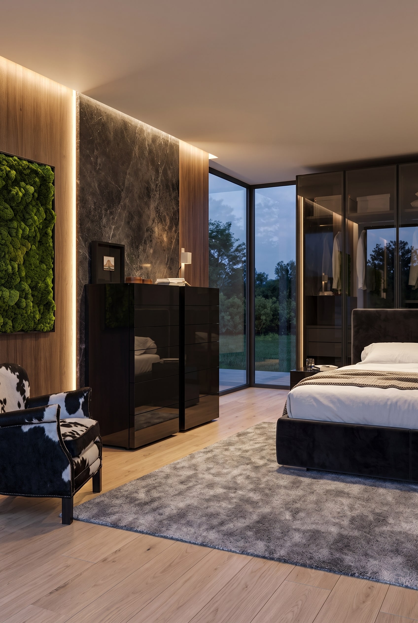 Une commode haute noire avec une surface brillante dans une chambre lumineuse, décorée d'un tableau en mousse.