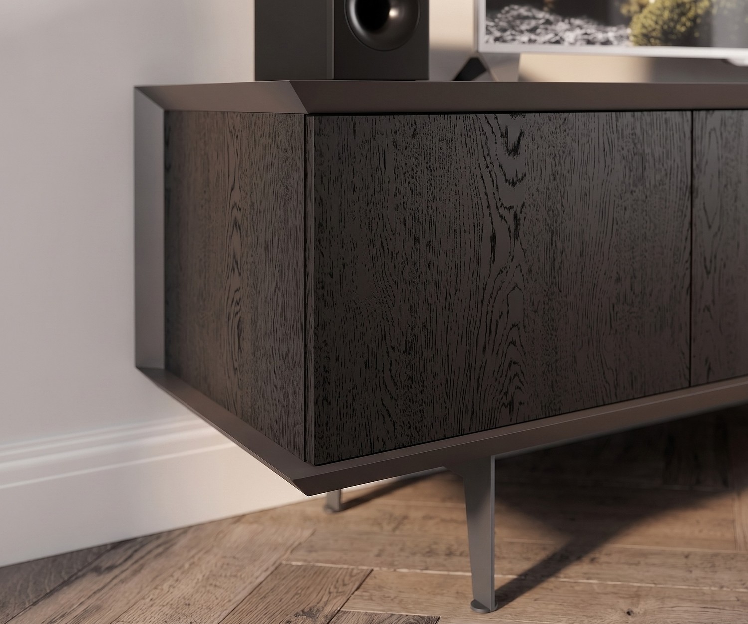 Ozzio Brera TV-lowboard dressoir in zwart eiken met slanke metalen poten voor een modern interieur in de woonkamer.