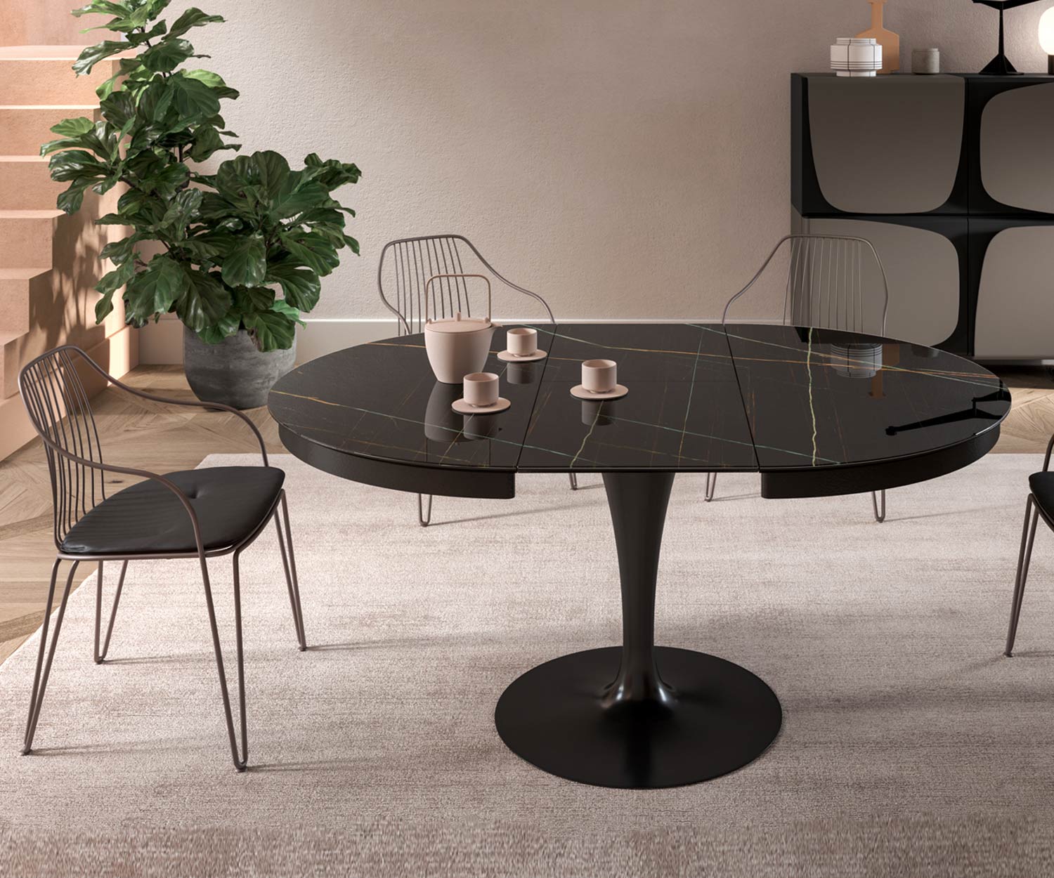 Ozzio Table de salle à manger Eclipse à l'état déployé Largeur 165 cm Pied métallique Ozzio Table de salle à manger Eclipse à l'état déployé Largeur 165 cm Pied métallique
