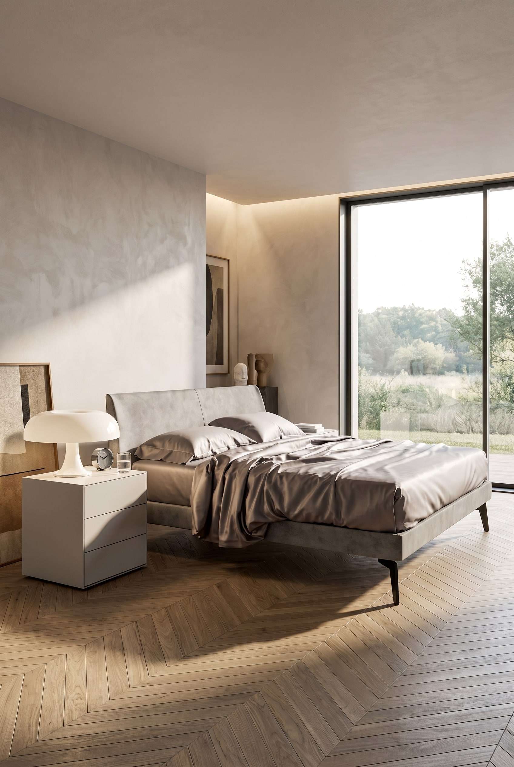 Lit boxspring gris haut avec la table de chevet Livitalia Ecletto 3 tiroirs de hauteur assortie en blanc doux
