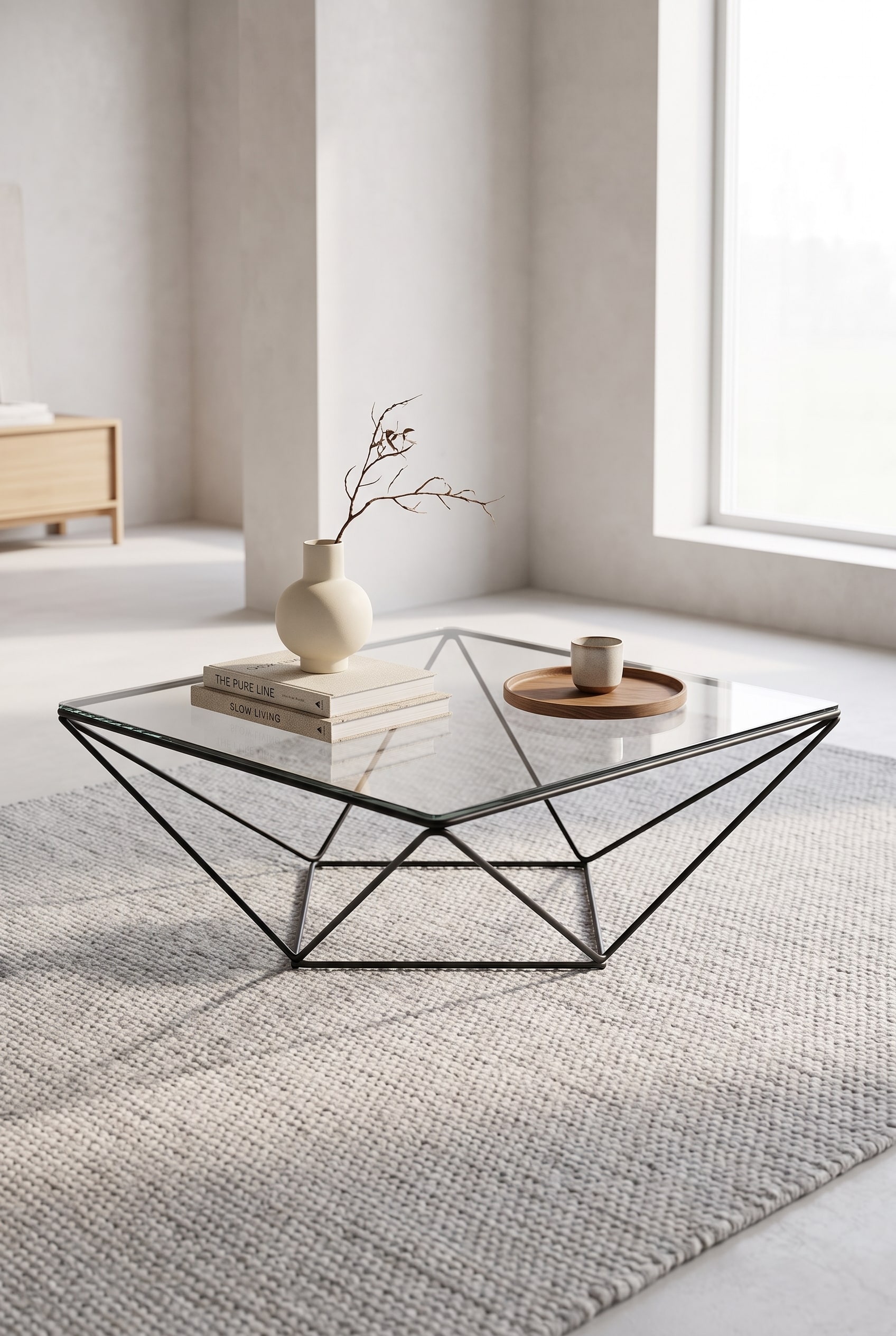 Salon avec une &eacute;l&eacute;gante table basse en verre, d&eacute;cor&eacute;e de mani&egrave;re minimaliste avec une coupelle en bois et un vase mat.