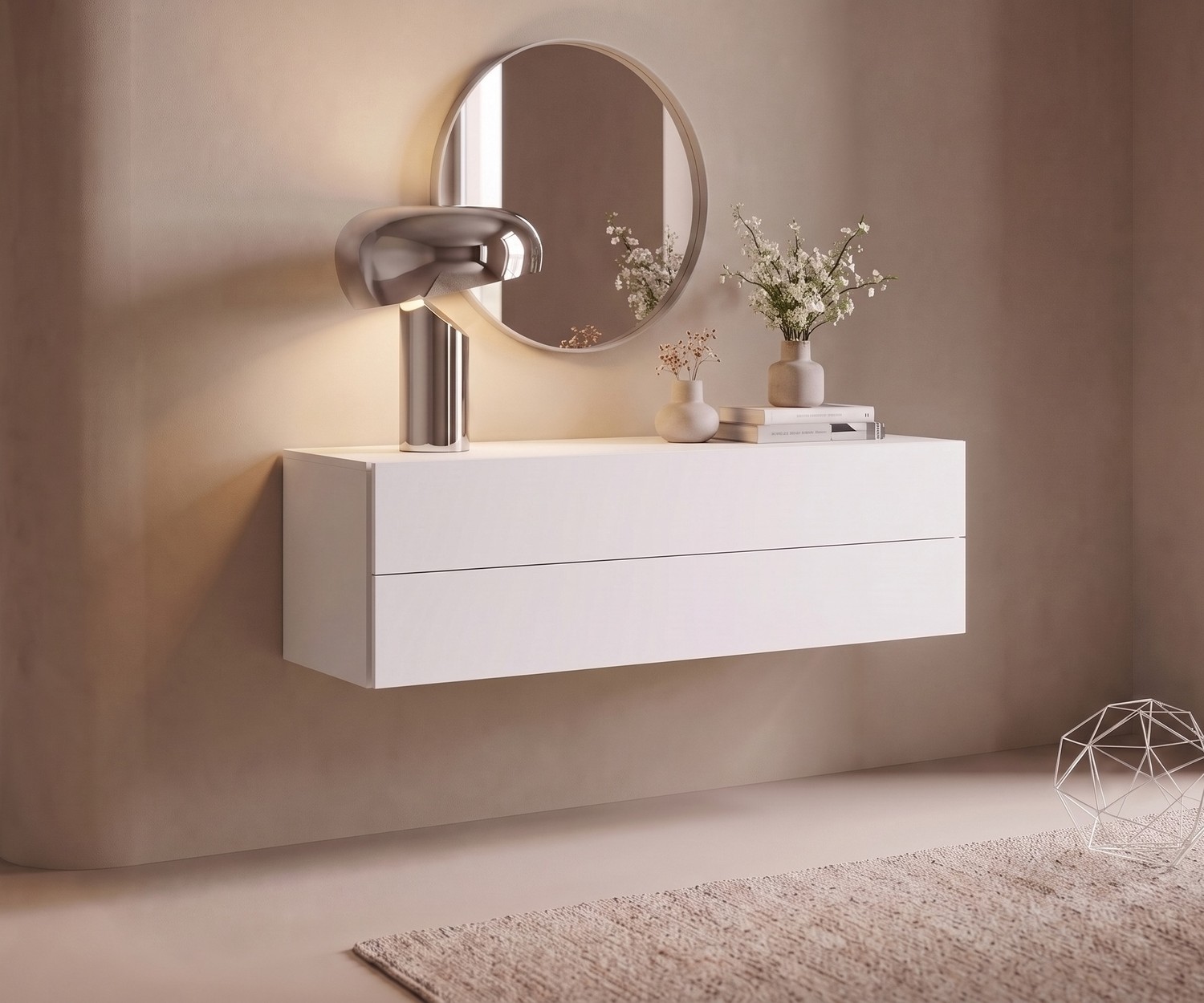 Hangend dressoir Novamobili Easy voor de hal, zwevend wit ladekastje in een minimalistische, moderne stijl