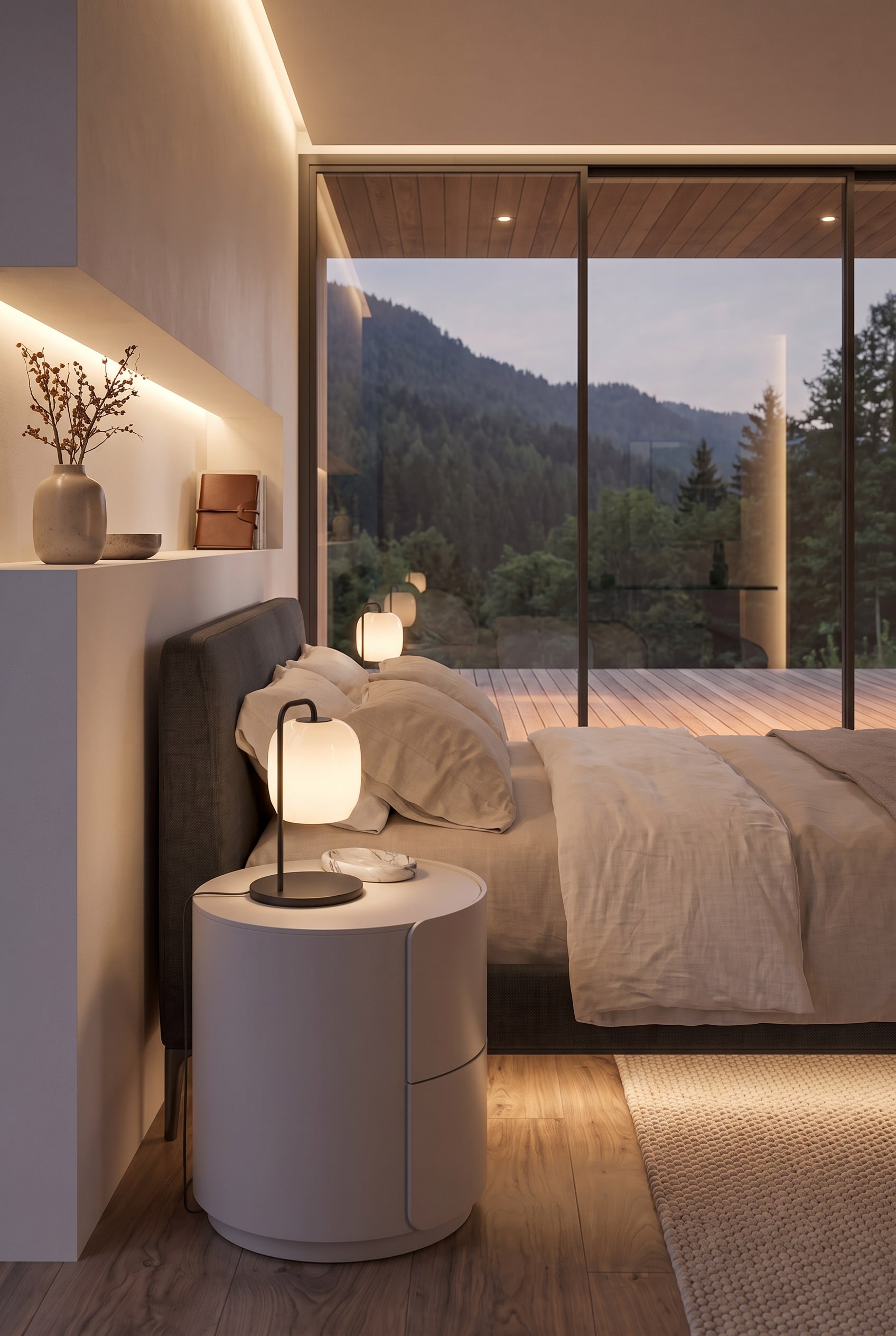 Table de chevet ronde Livitalia dans la chambre à coucher devant une grande fenêtre panoramique avec vue sur une forêt.