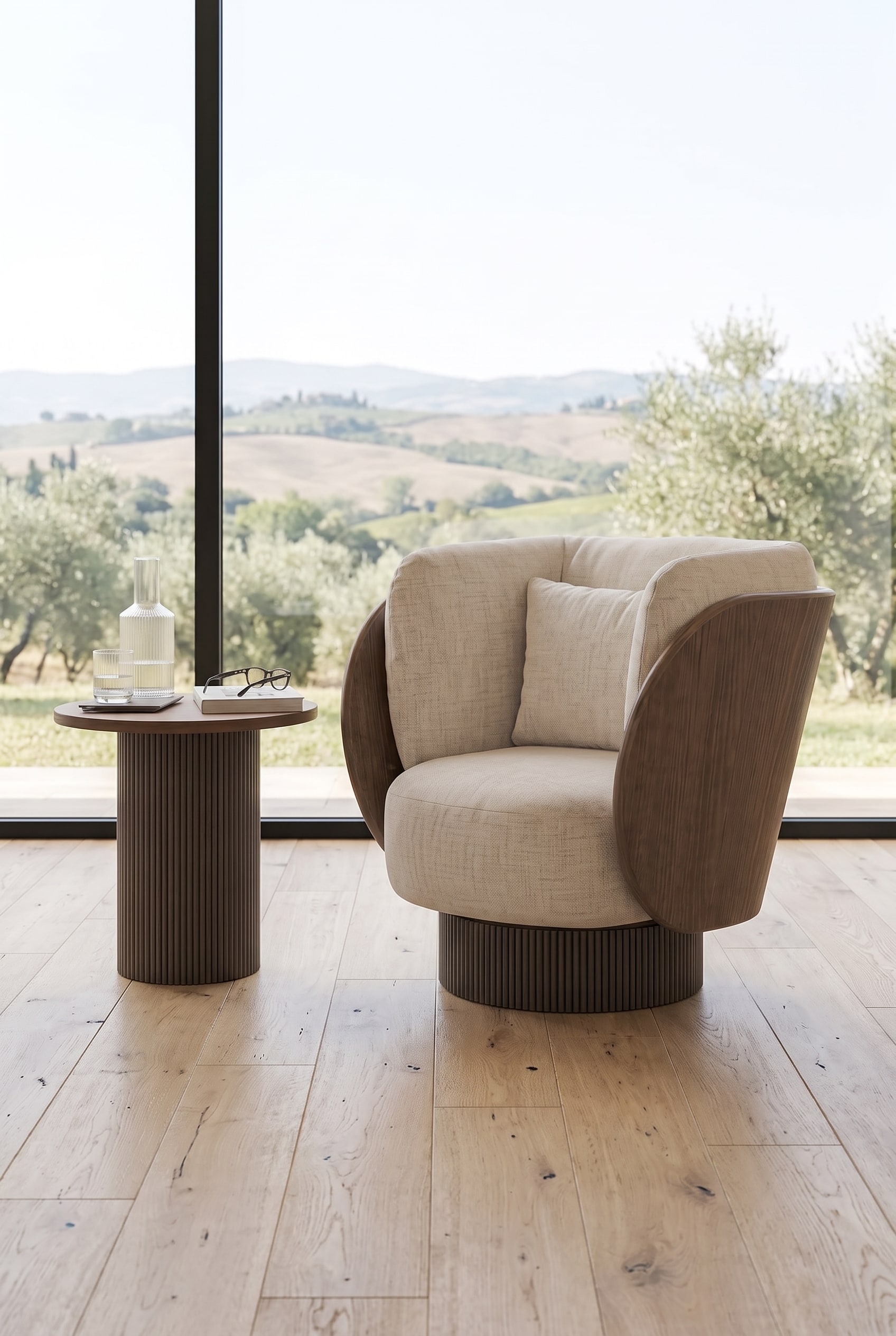 Gros plan de la base pivotante invisible sous un fauteuil luxueux.