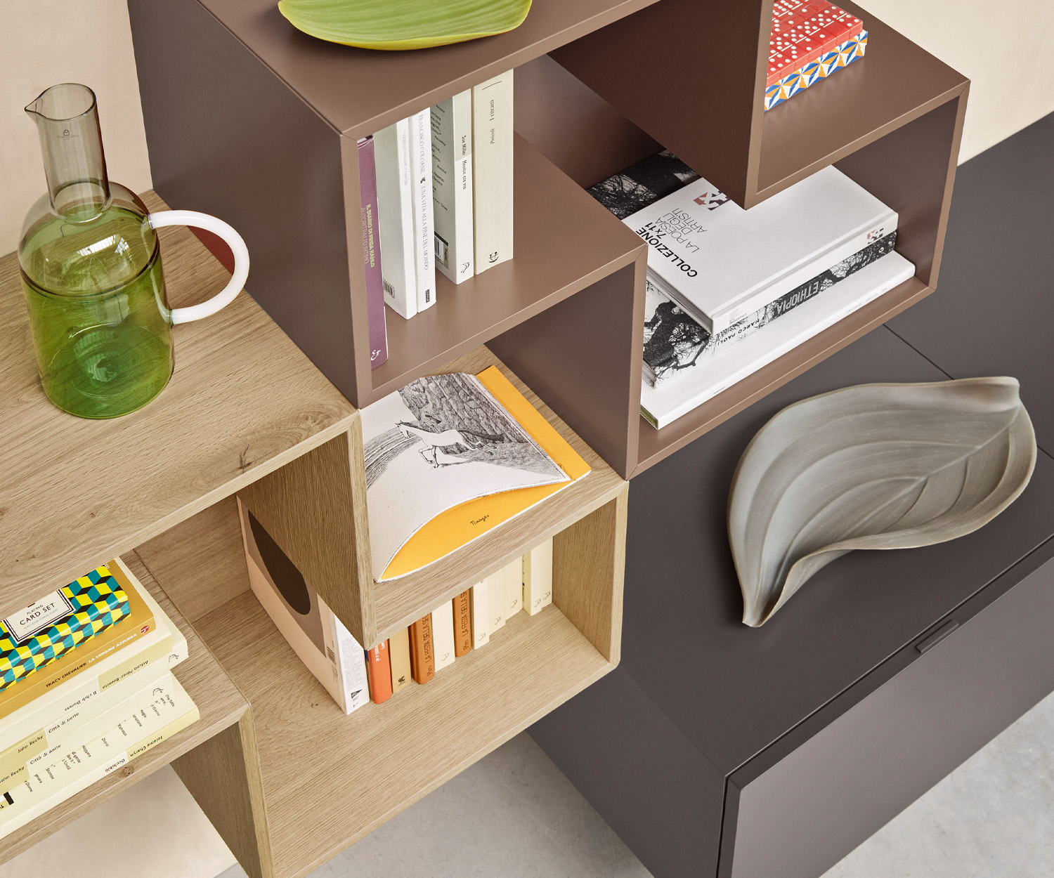Exclusief Livitalia Design wandmeubel C23 met open boekenkast eiken fineer terracotta Exclusief Livitalia Design wandmeubel C23 met open boekenkast eiken fineer terracotta