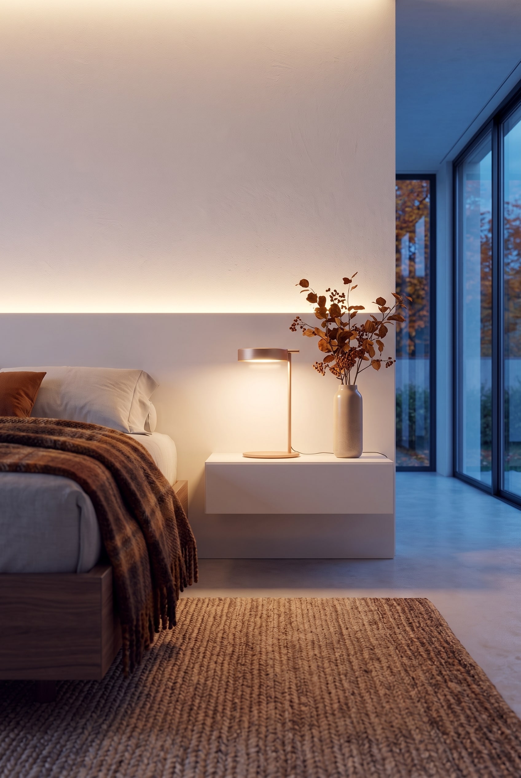 Chambre &agrave; coucher automnale avec une table de chevet laqu&eacute;e mate, dot&eacute;e d'un tiroir ferm&eacute;, &agrave; c&ocirc;t&eacute; d'un lit en tissu confortable
