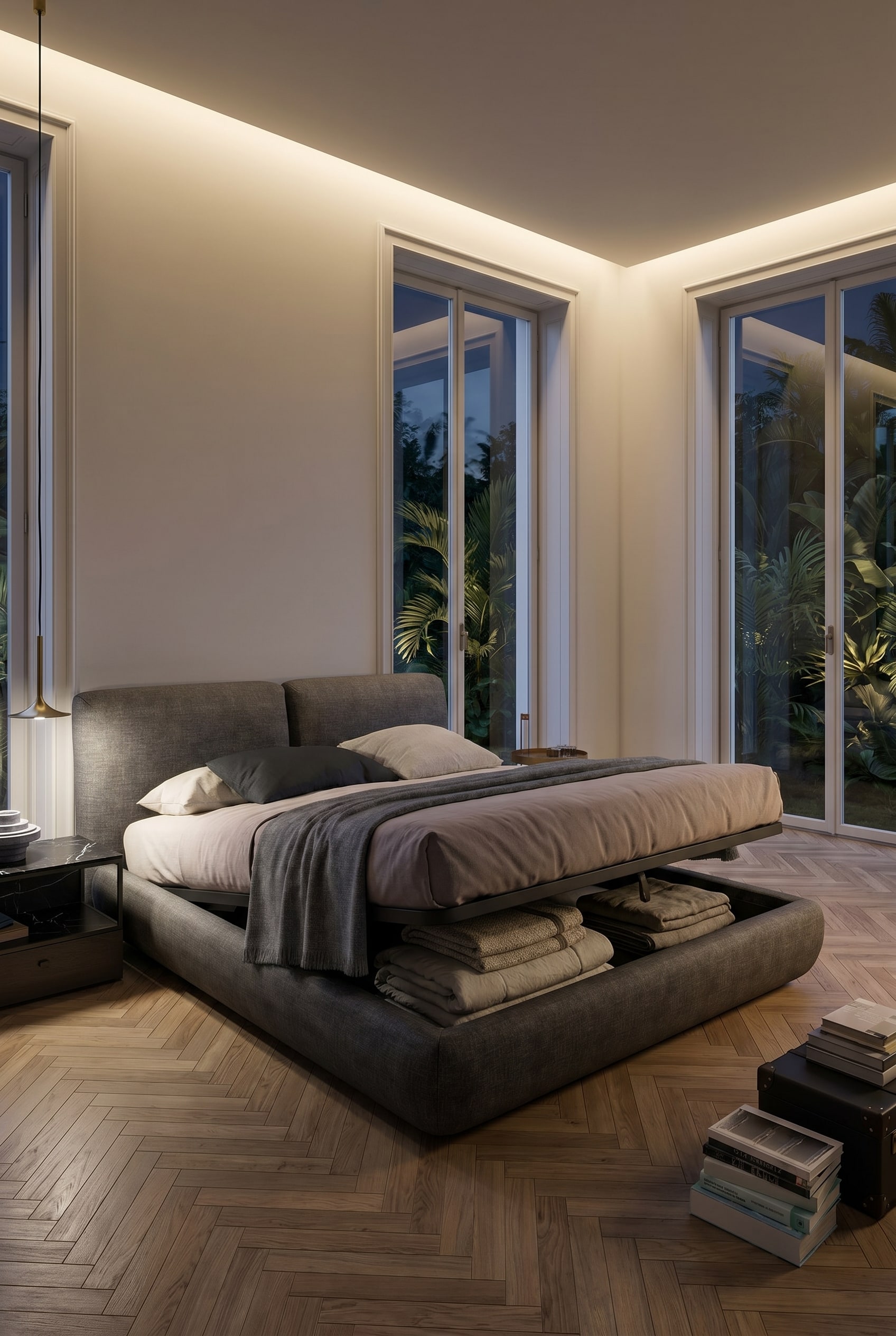 Elegantes Designerbett mit weichen Rundungen und durchdachtem Stauraum-Konzept