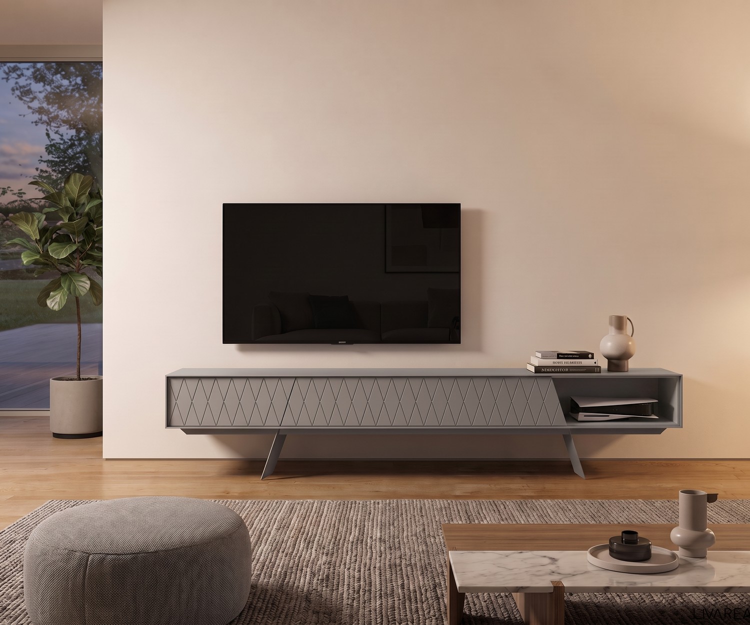 al2 e-klipse 008 TV-lowboard met ruitpatroon in de woonkamer. Moderne grijze mediaspeler kast op elegante pootjes.