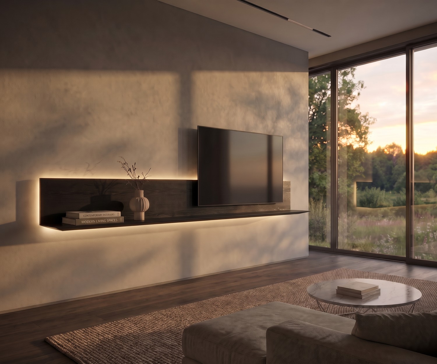 Meuble TV mural suspendu Super par Livitalia avec éclairage LED dans un salon moderne en chêne noir.