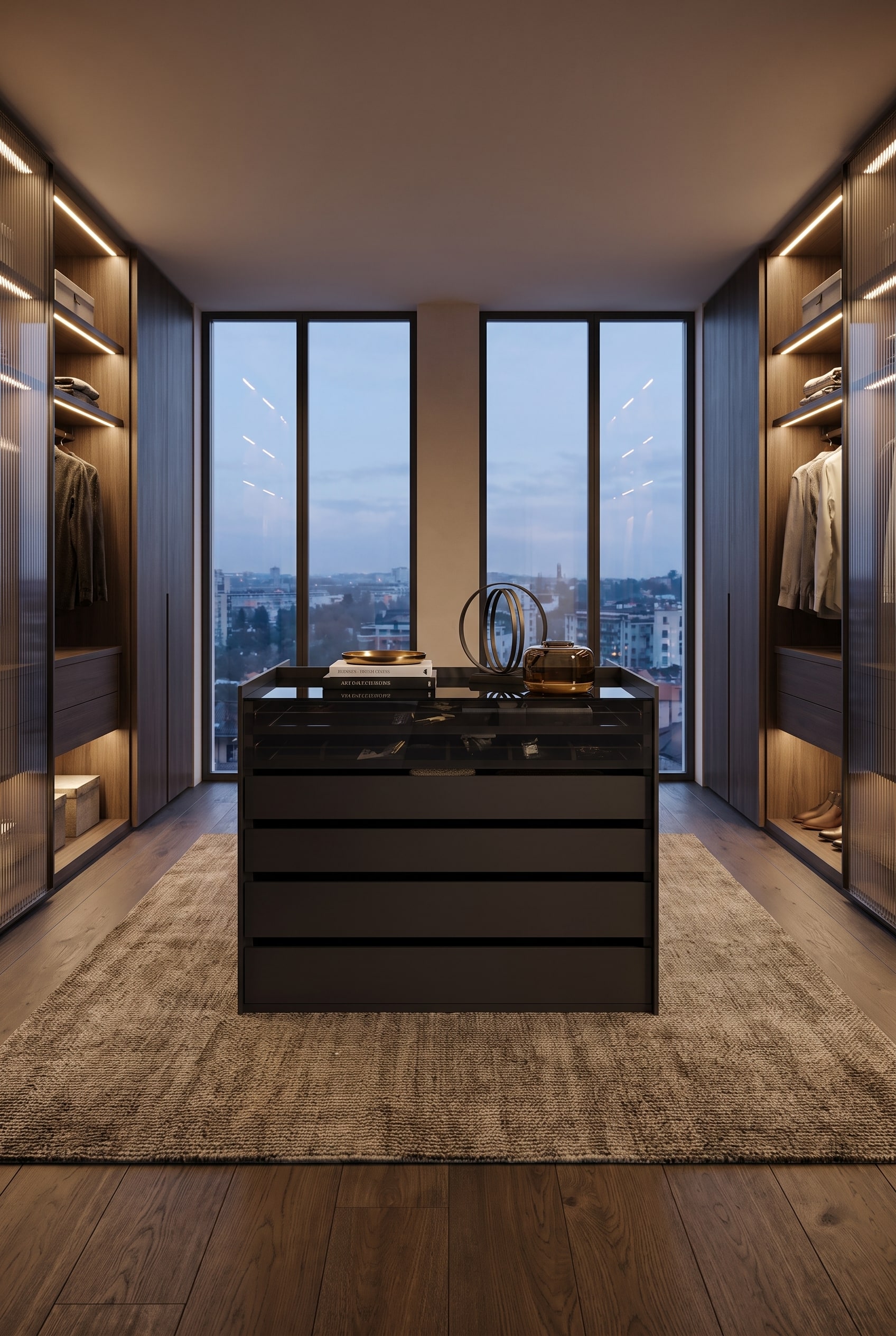 Dressing luxueux avec un &icirc;lot-armoire autoportant en bois fonc&eacute;, surmont&eacute; d'une plaque de verre, entour&eacute; d'une lumi&egrave;re chaude