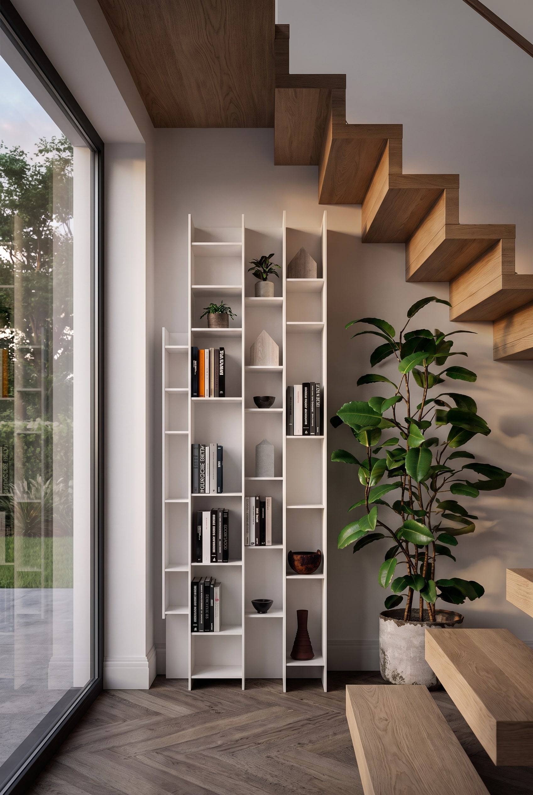Une cage d'escalier ouverte avec une élégante étagère en verre servant de séparateur de pièce, qui utilise de manière optimale l'espace sous l'escalier en bois pour les livres et la décoration.