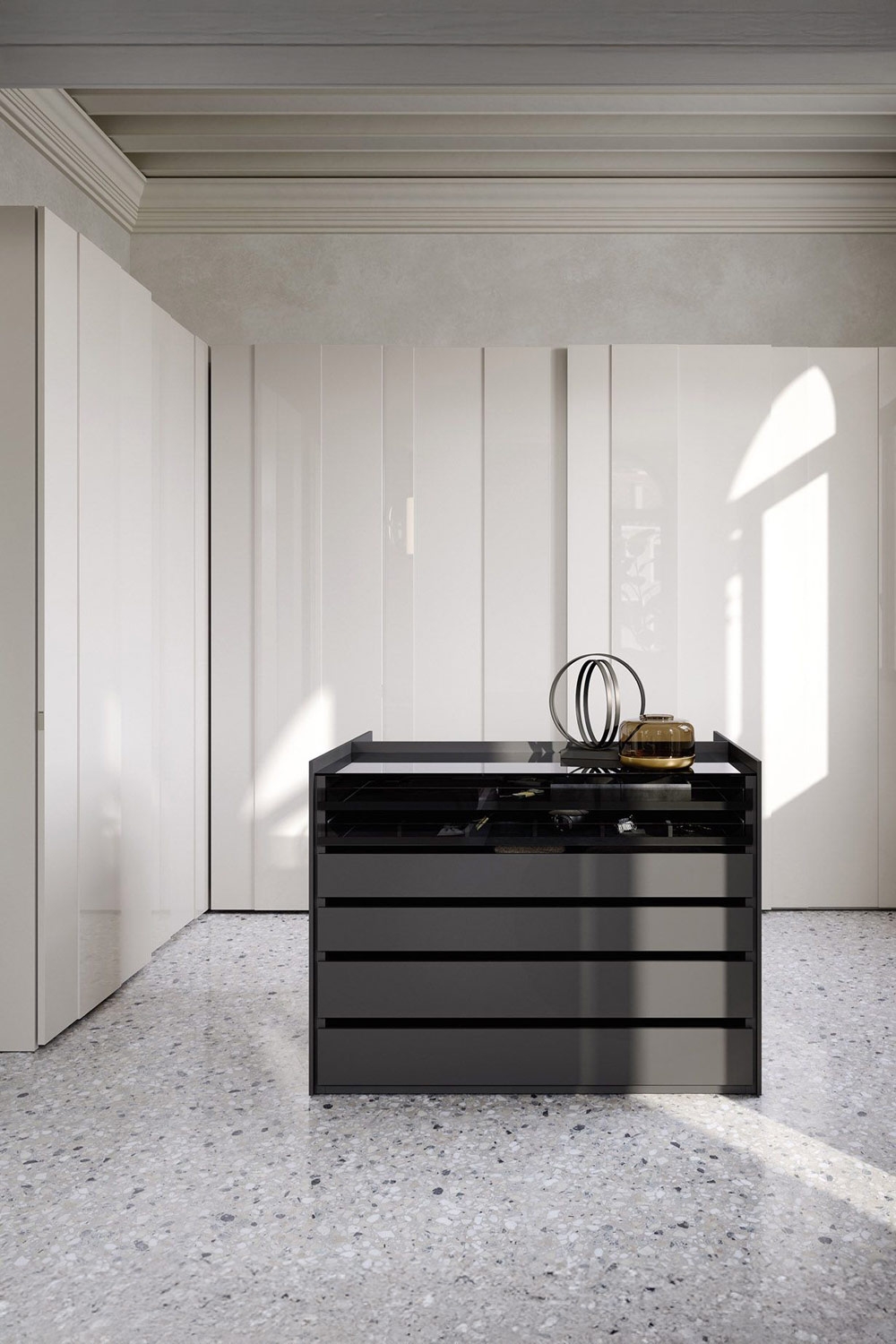 armoire-d-angle-blanche-fermee-avec-un-ilot-central-sombre