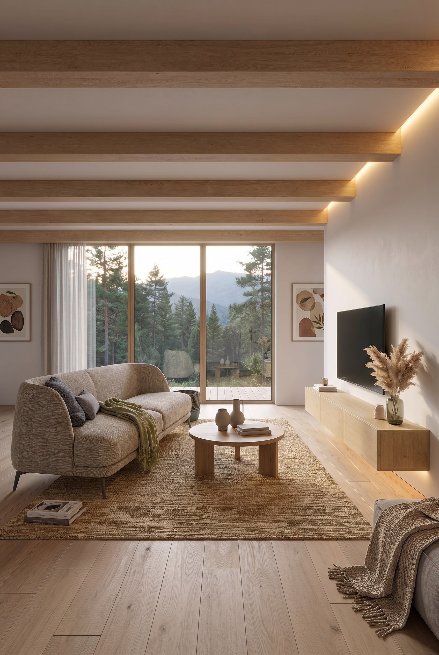 Salon avec un grand canapé de couleur beige mat, sans contrastes de couleurs marqués