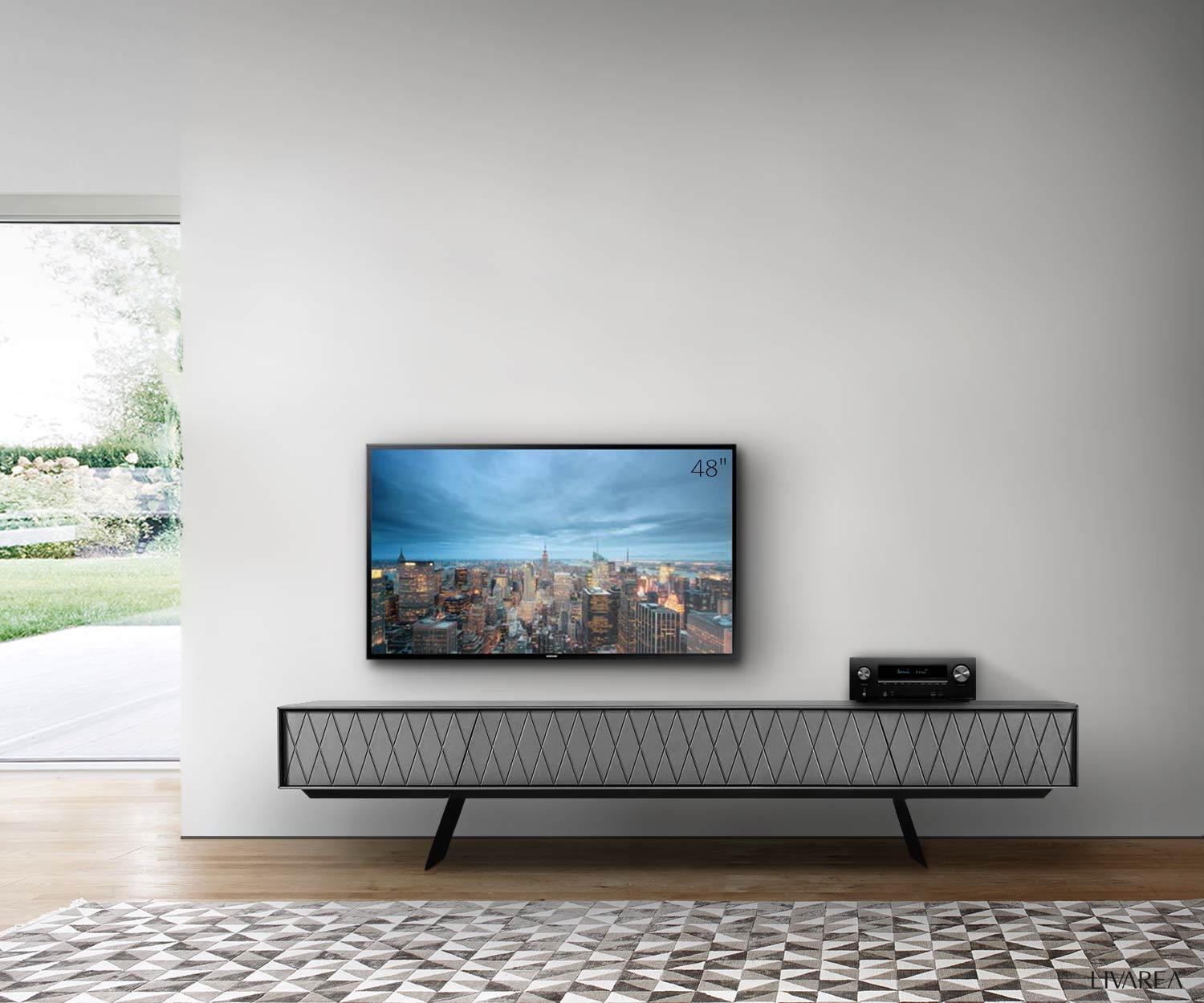 Design TV design lowboard van al2 met front in donkergrijs in de woonkamer Design TV design lowboard van al2 met front in donkergrijs in de woonkamer