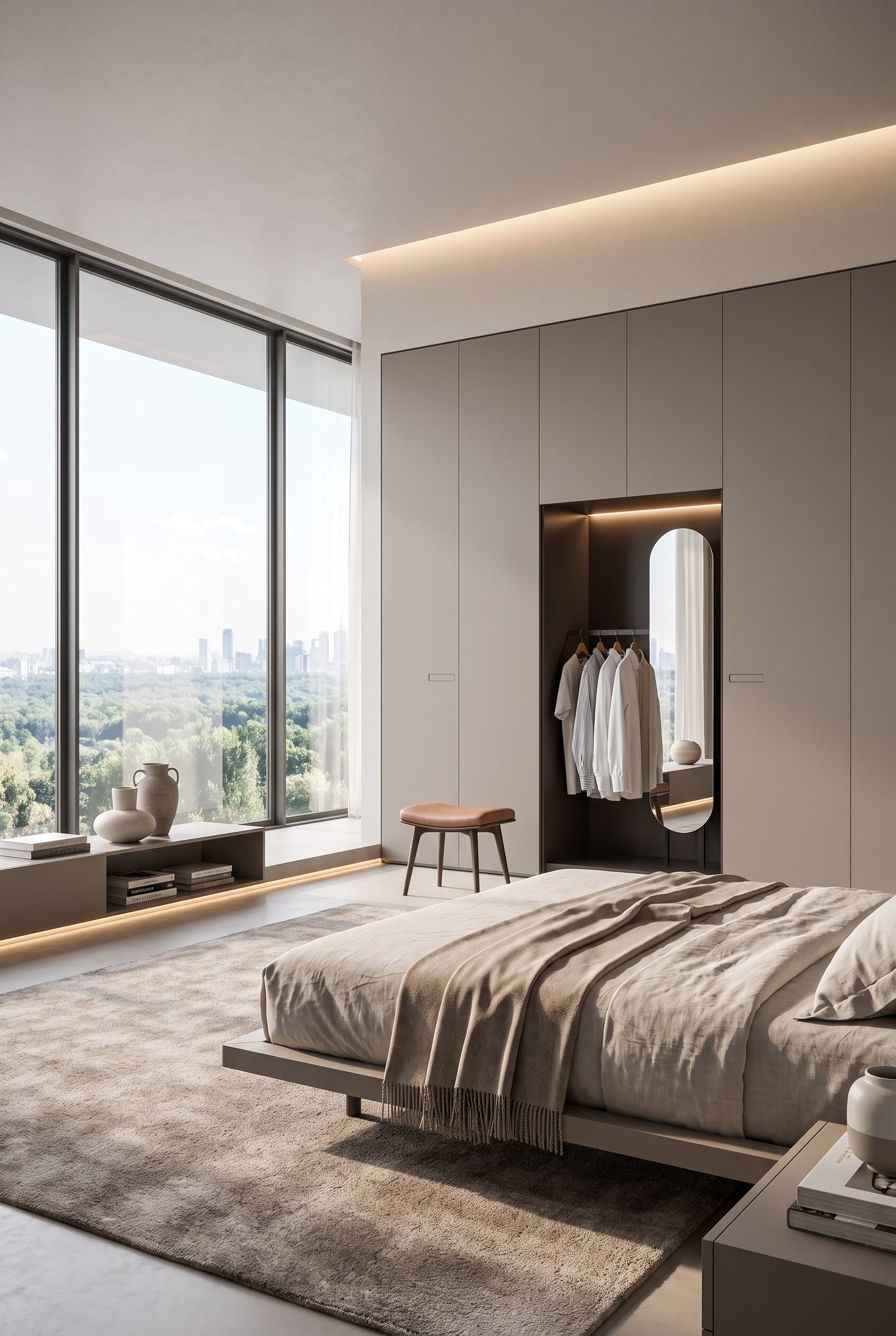 Mur d'armoires fermé en taupe avec une niche ouverte intégrée au centre, contenant une tringle à vêtements, un fond de miroir et des chemises portées