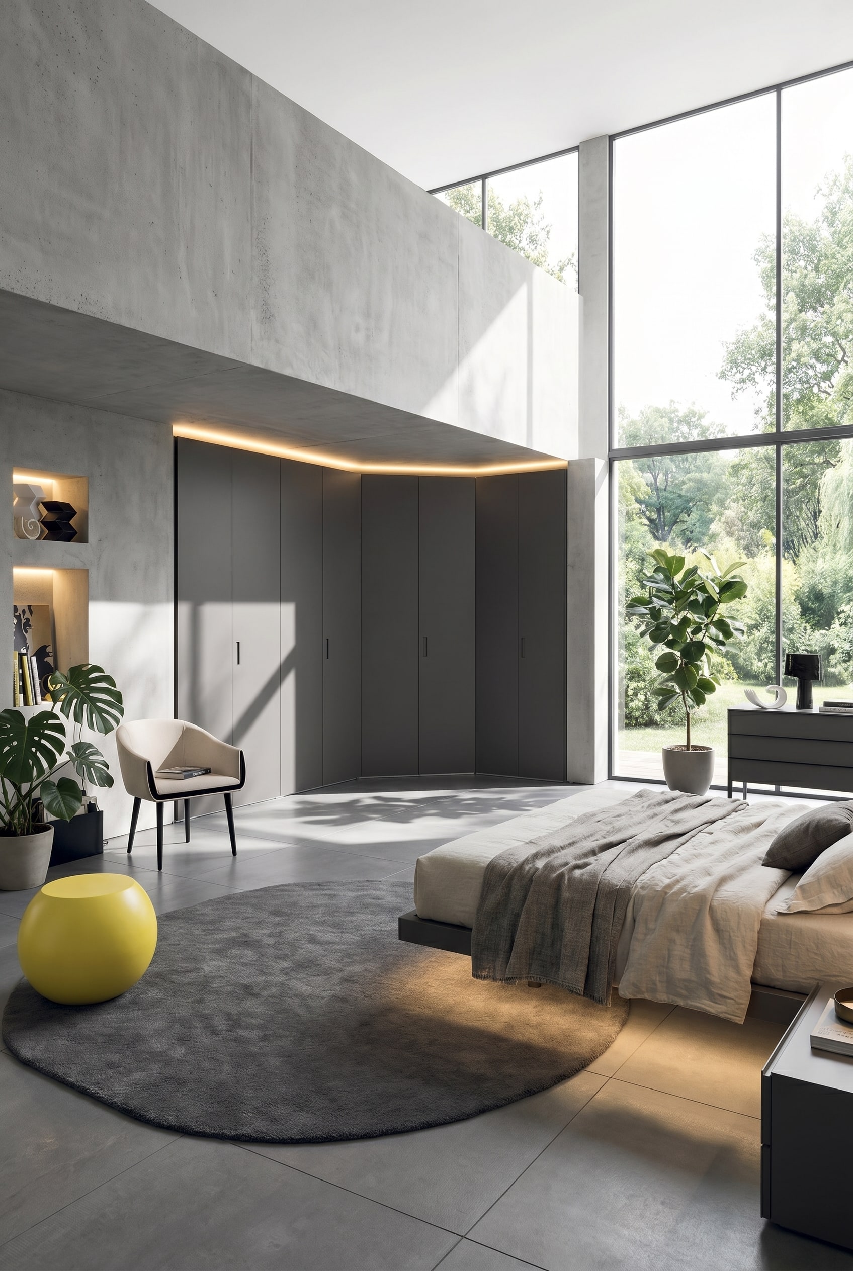 Armoire d'angle en L gris foncé avec façades sans poignée, parfaitement intégrée dans le coin de la pièce, à côté d'un fauteuil clair
