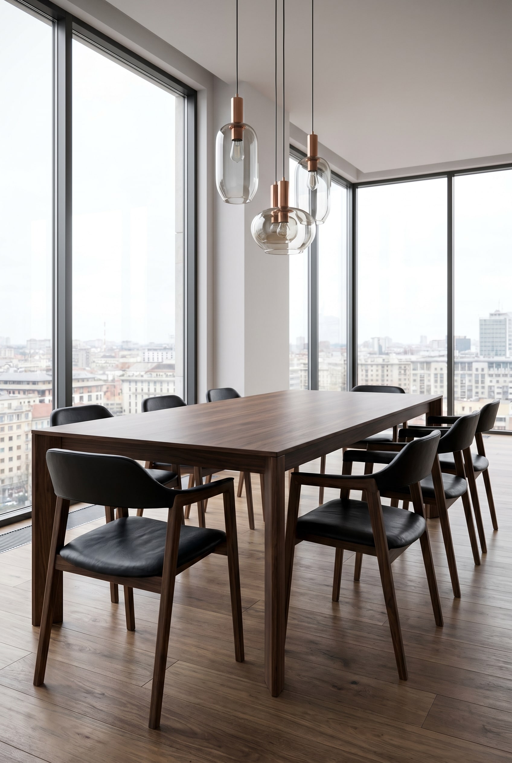 Salle &agrave; manger loft moderne avec trois suspensions en verre et fauteuil en noyer fonc&eacute; avec cuir noir &agrave; la table en bois