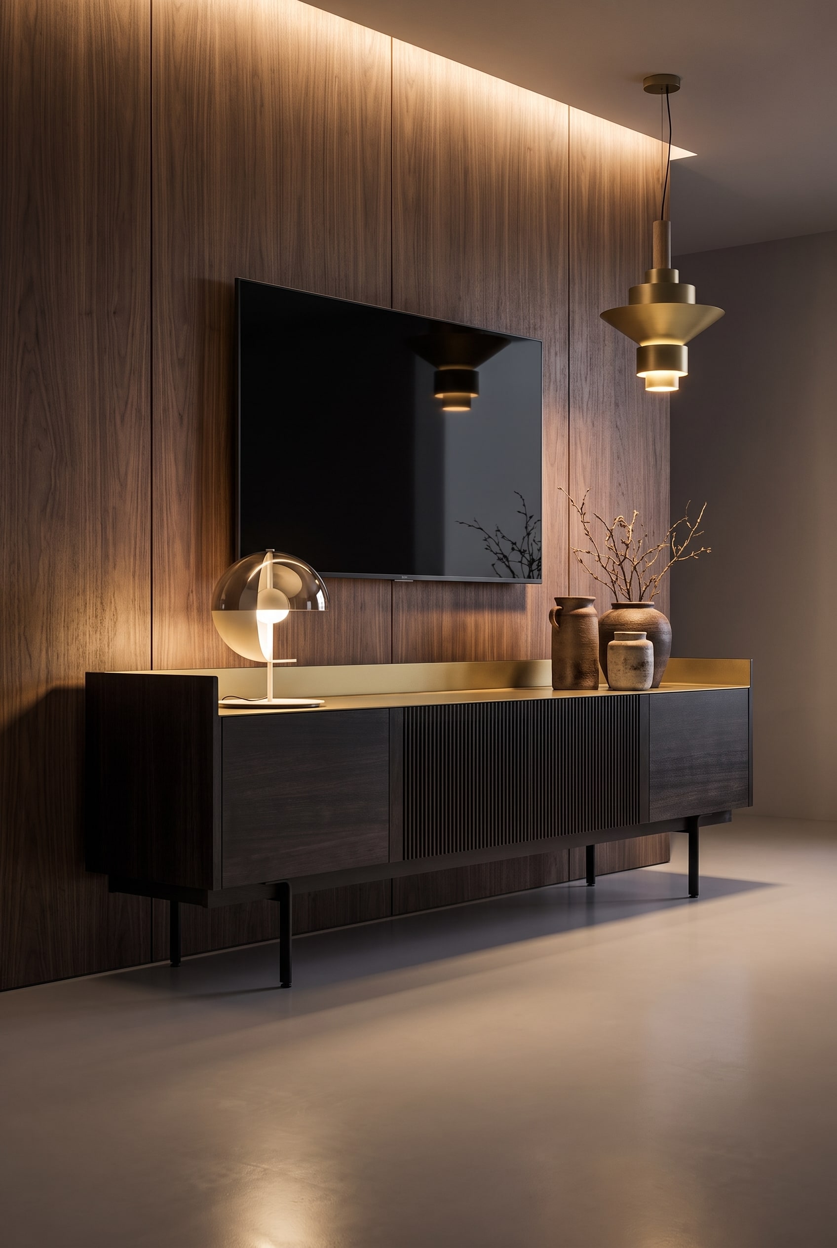 Vue d&eacute;taill&eacute;e d'un meuble TV bas en bois avec fa&ccedil;ades rainur&eacute;es, r&eacute;cipients en c&eacute;ramique avec des branches s&eacute;ch&eacute;es et un mur en bois &eacute;clair&eacute; par LED au-dessus