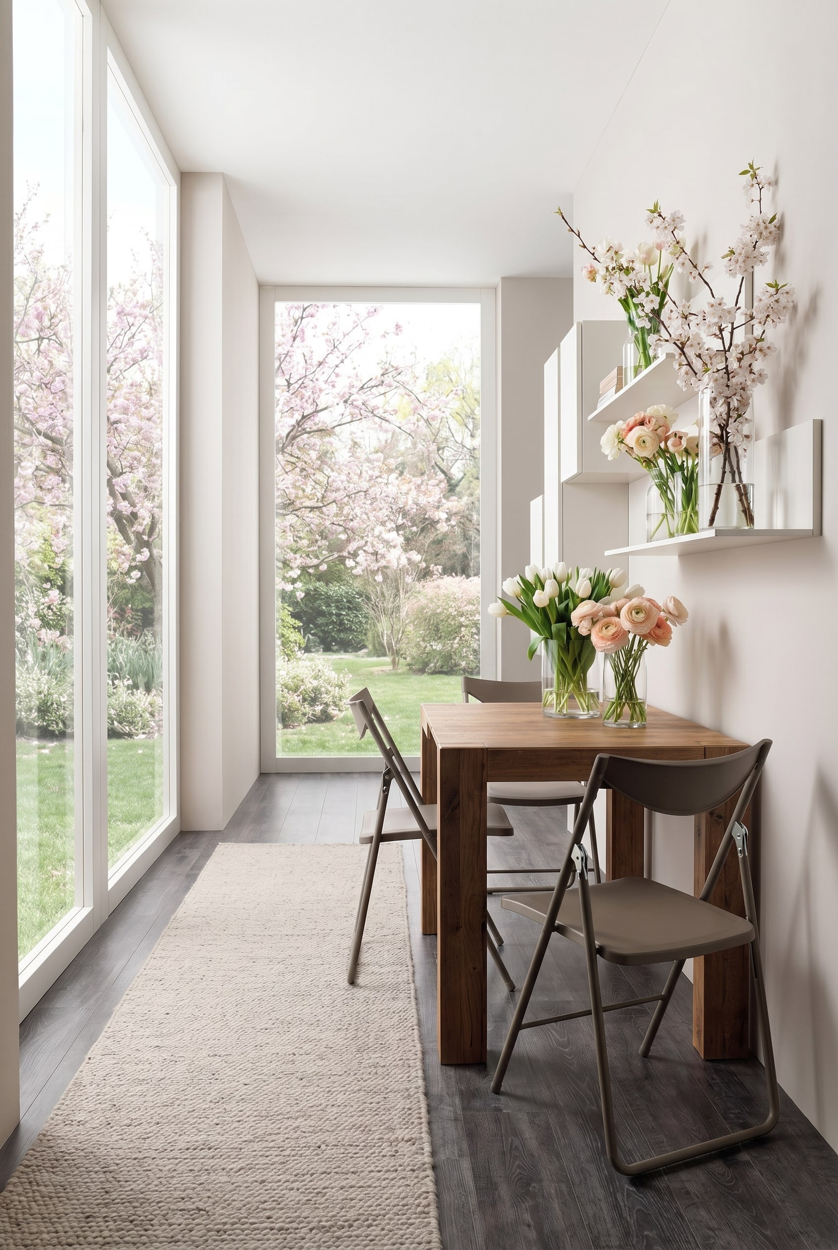 Entrée compacte avec console en bois rustique extensible, deux chaises de salle à manger pliantes taupe, étagères murales flottantes et un tapis clair