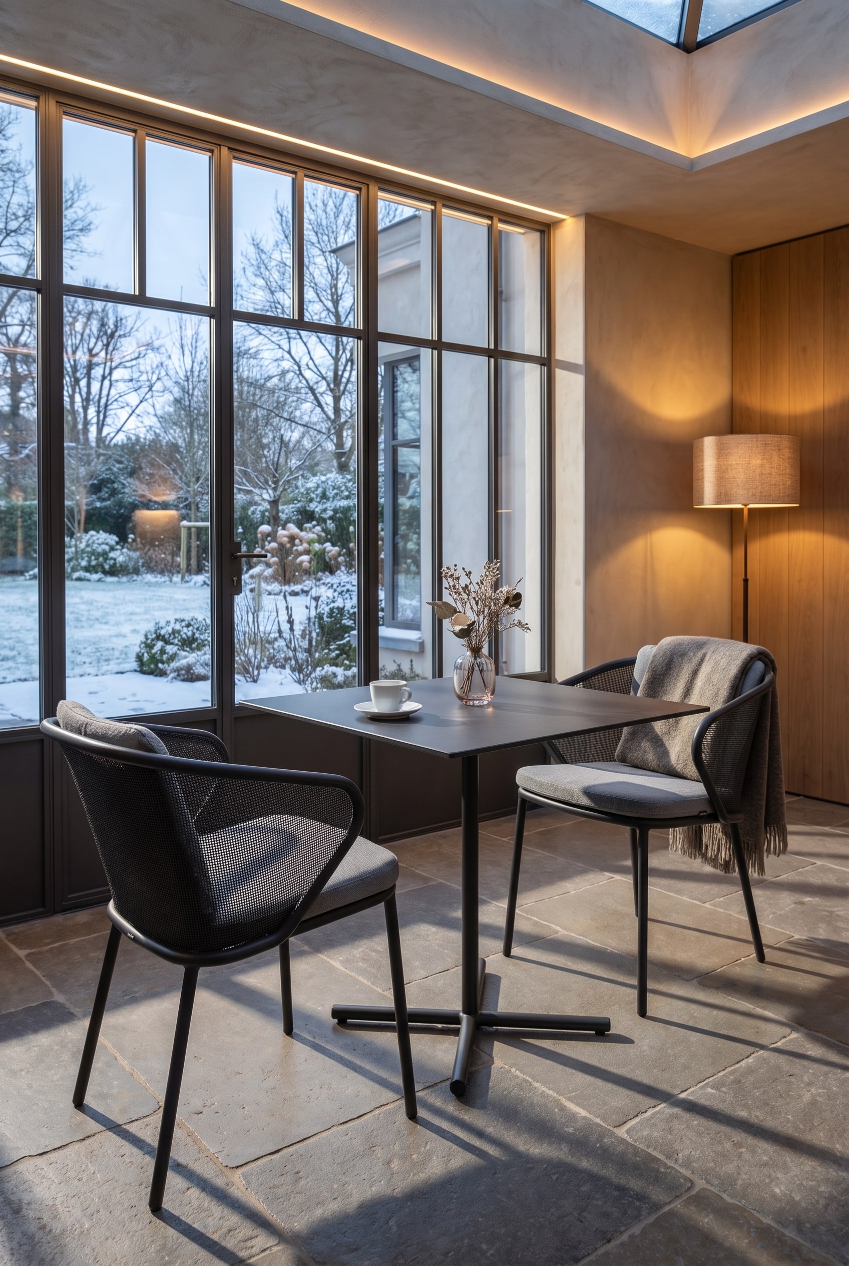 Table de bistrot d&eacute;licate en graphite fonc&eacute; avec un pied central et deux chaises modernes dans un coin ensoleill&eacute; du jardin d'hiver. Une tasse d'espresso est pos&eacute;e sur la table.