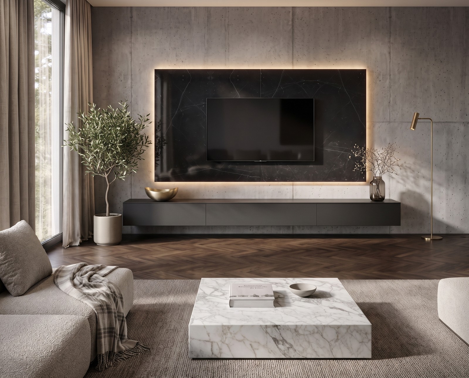 TV Paneel Keramik Schwarz B 240 cm mit Fernseher im Wohnzimmer
