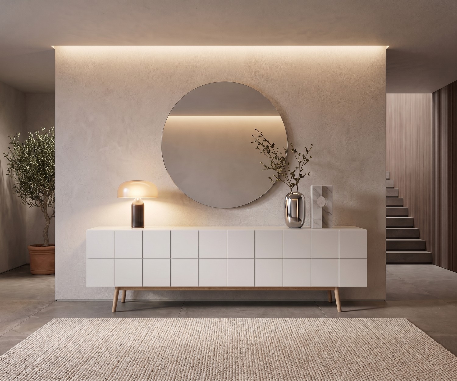 Buffet design al2 MOS-I-KO 003 B dans une entrée chic. Meuble blanc laqué à effet de carreaux avec pieds en bois massif.
