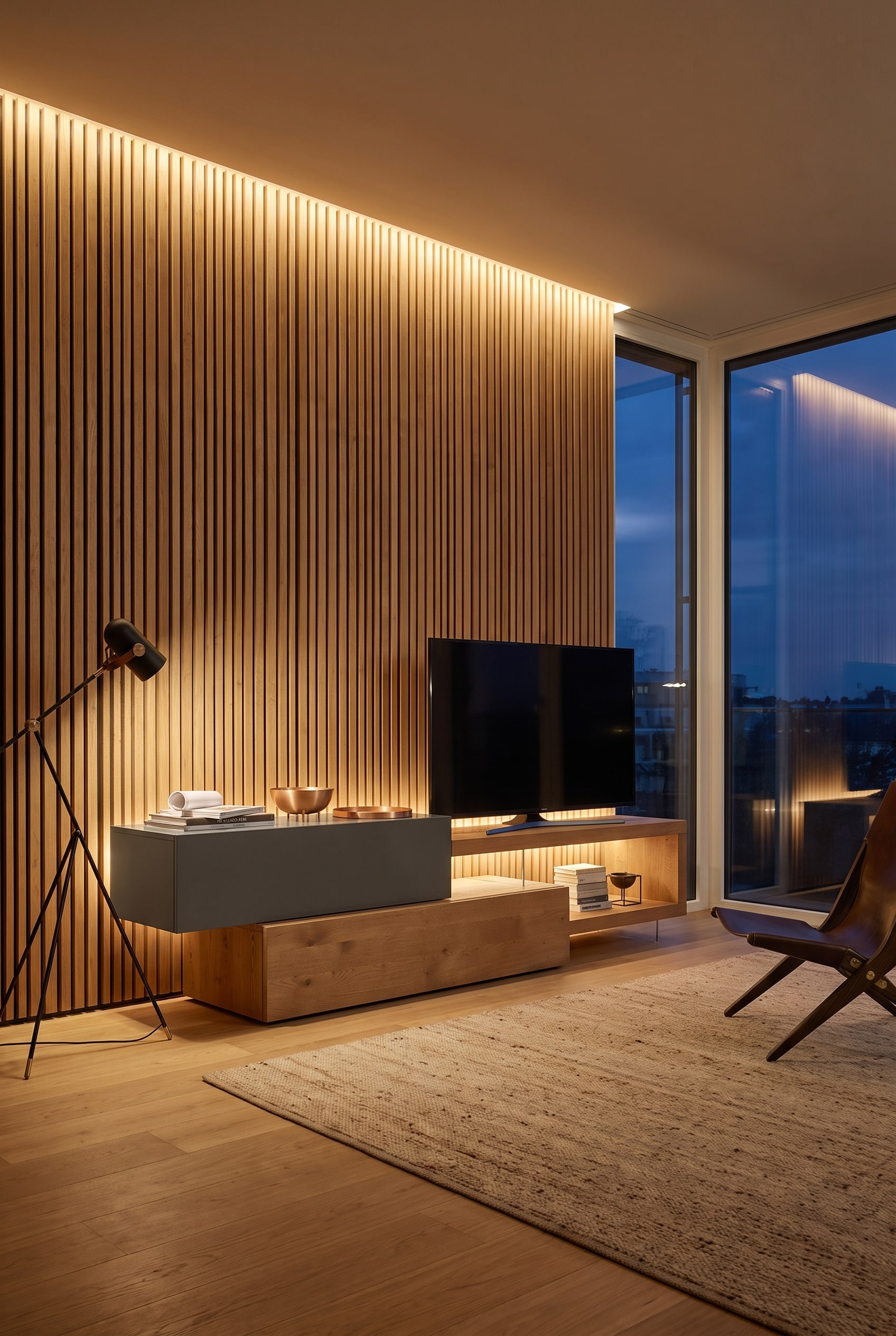 Meuble TV moderne Livitalia C32 avec &eacute;clairage LED indirect chaud derri&egrave;re des lattes de ch&ecirc;ne dans le salon.