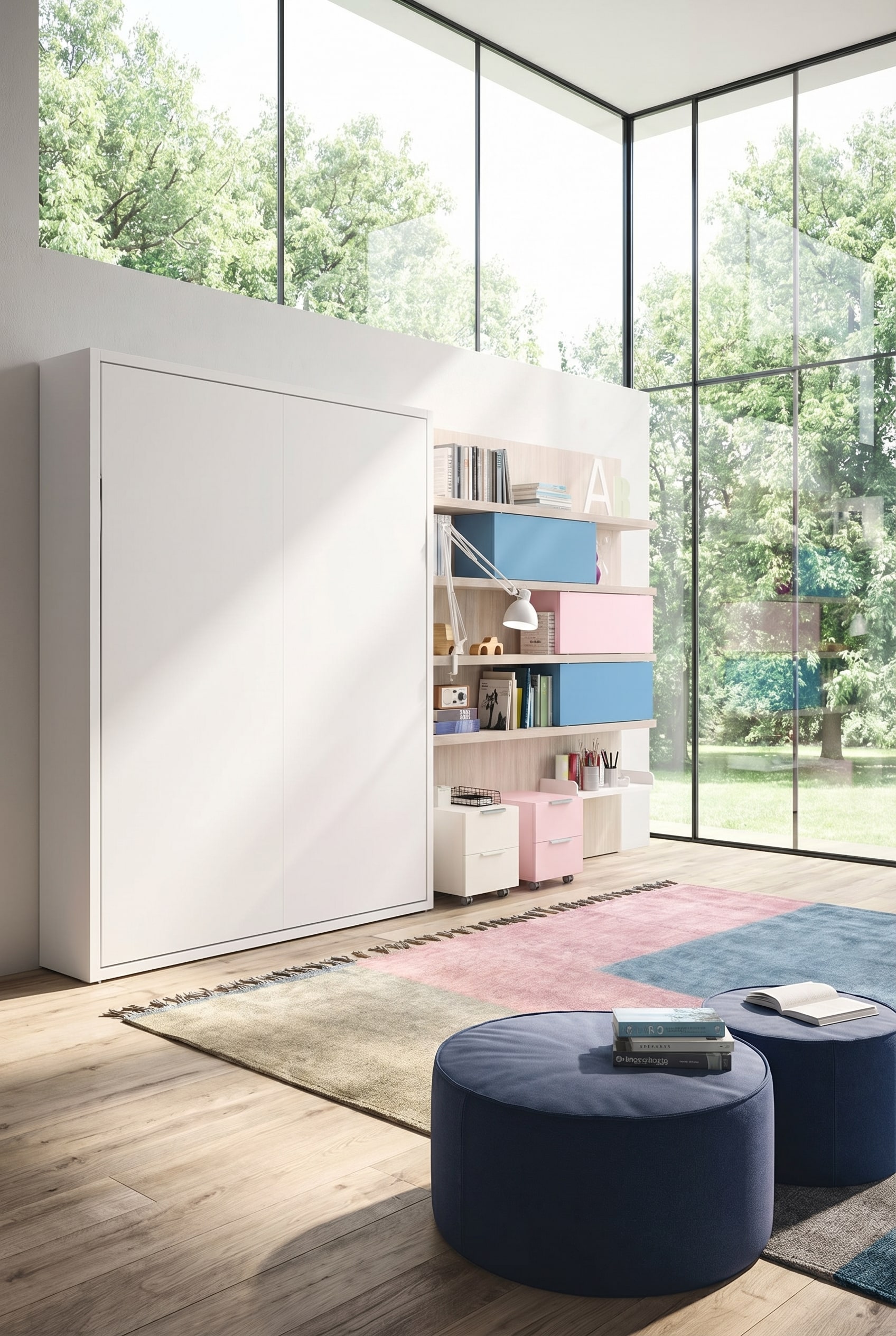 Une chambre d'enfant lumineuse avec un lit escamotable superpos&eacute; repli&eacute;, peu encombrant, de grandes fen&ecirc;tres et beaucoup d'espace de jeu libre.