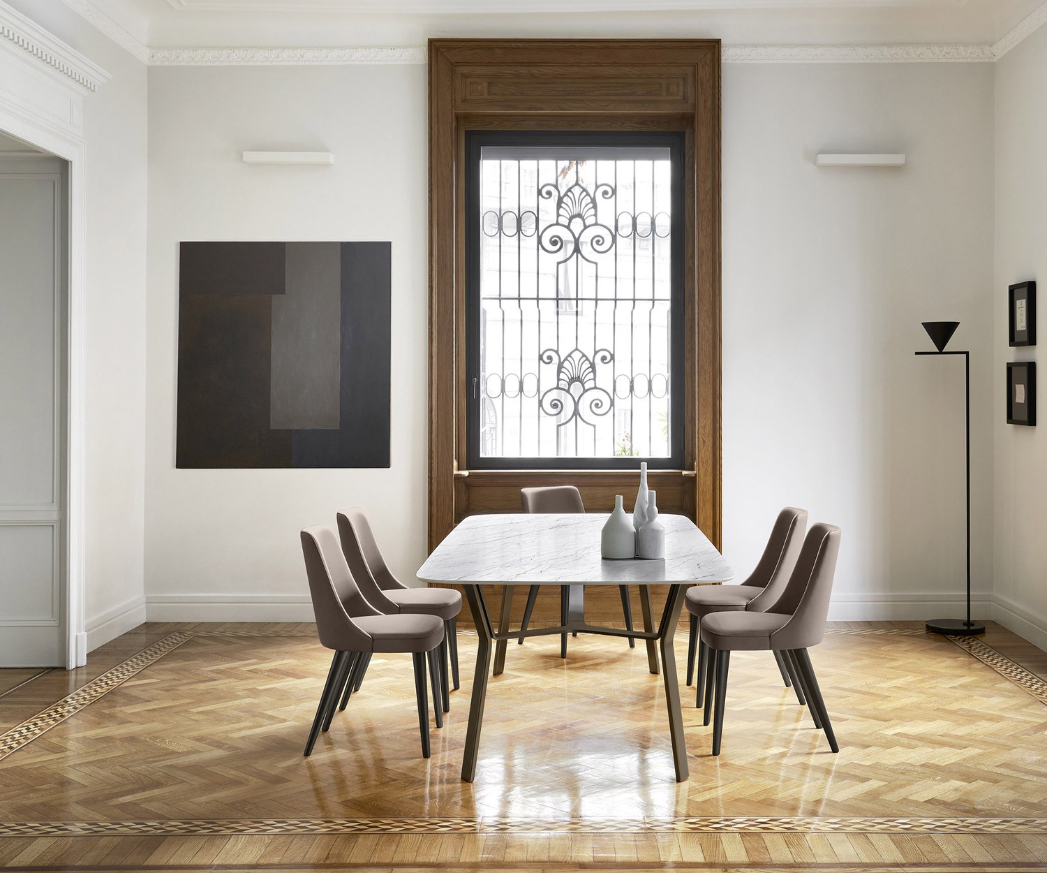 Rechthoekige design eettafel IJzer Livitalia wit blad marmerlook met stalen onderstel Rechthoekige design eettafel IJzer Livitalia wit blad marmerlook met stalen onderstel