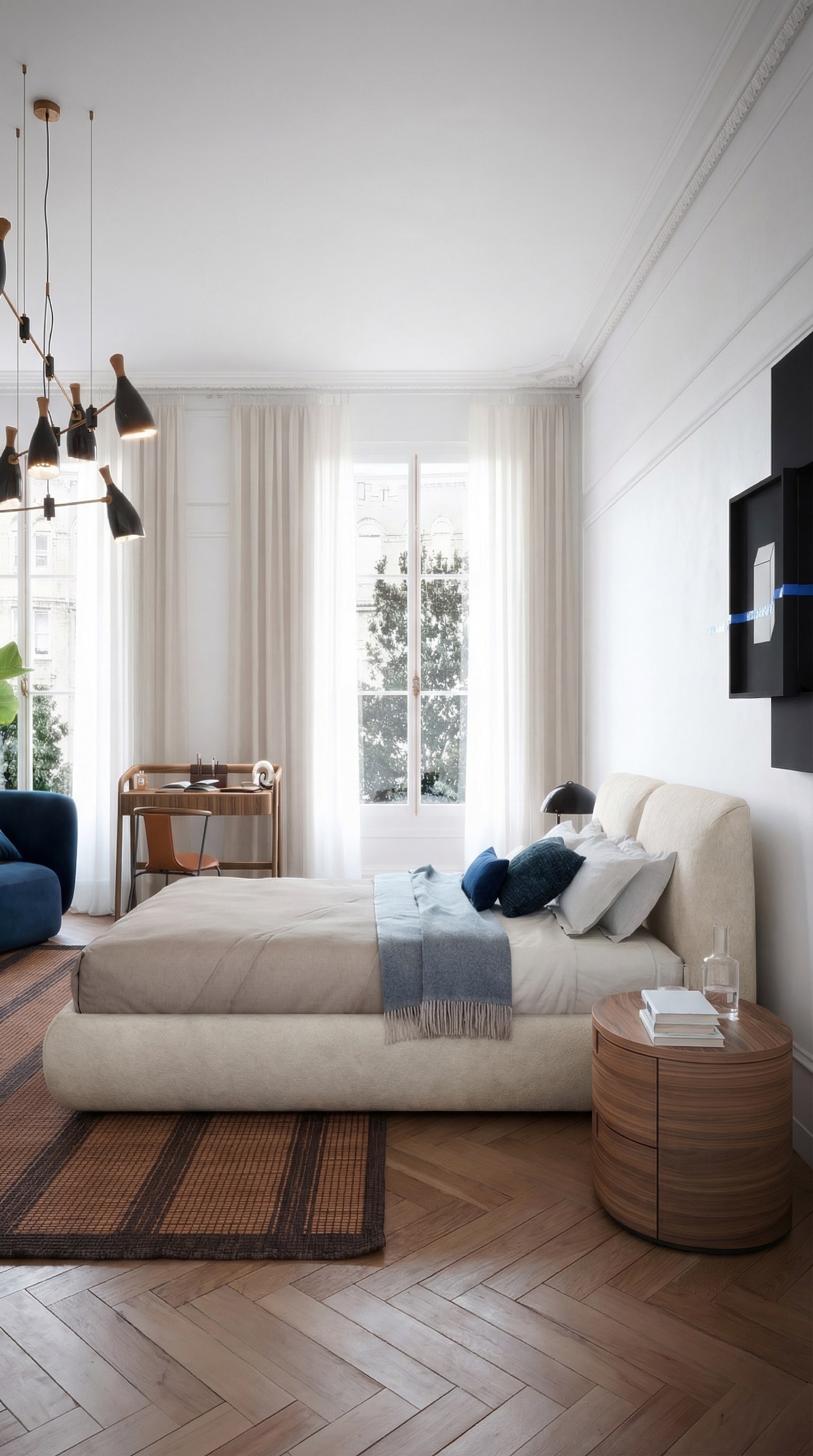 Novamobili Gestoffeerd Bed Midnight met zachte contouren in de lichte slaapkamer