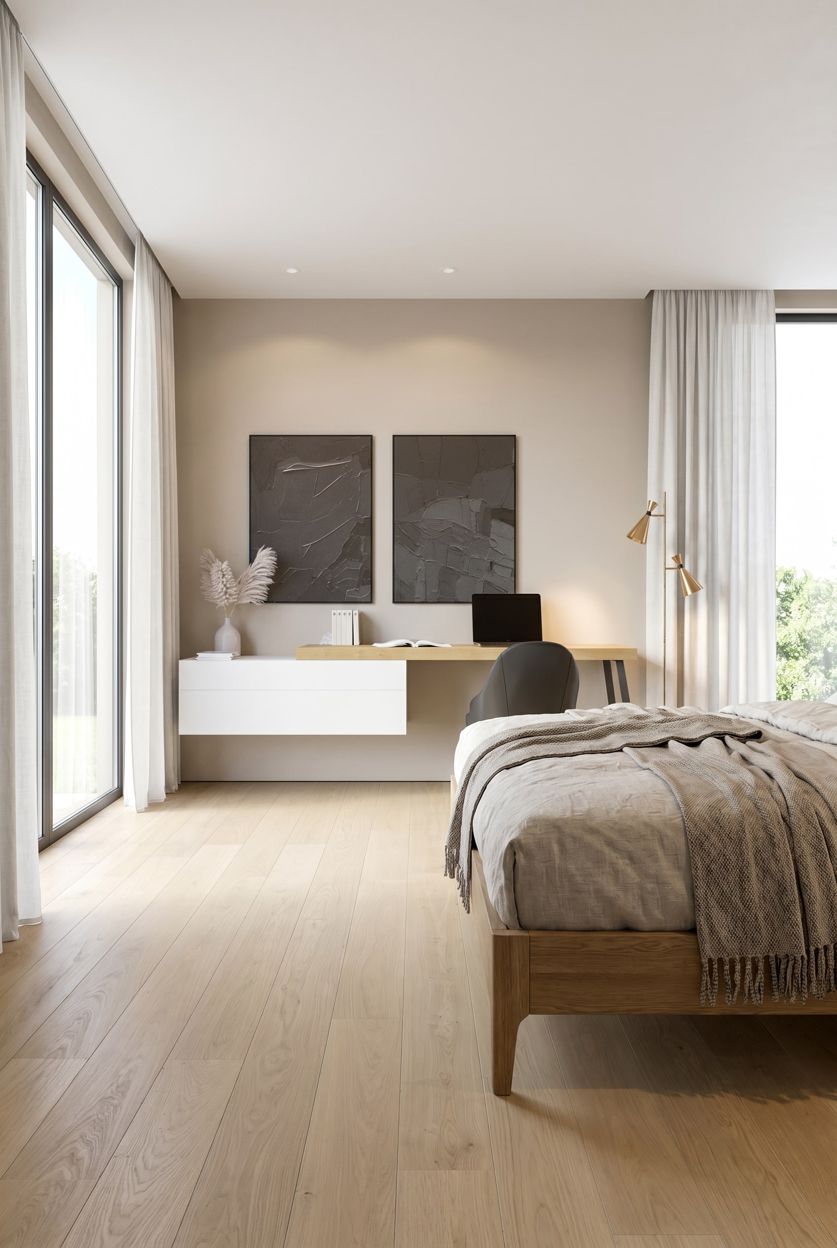 Chambre moderne avec lit en bois de ch&ecirc;ne et commode murale flottante Livitalia Ecletto en blanc mat