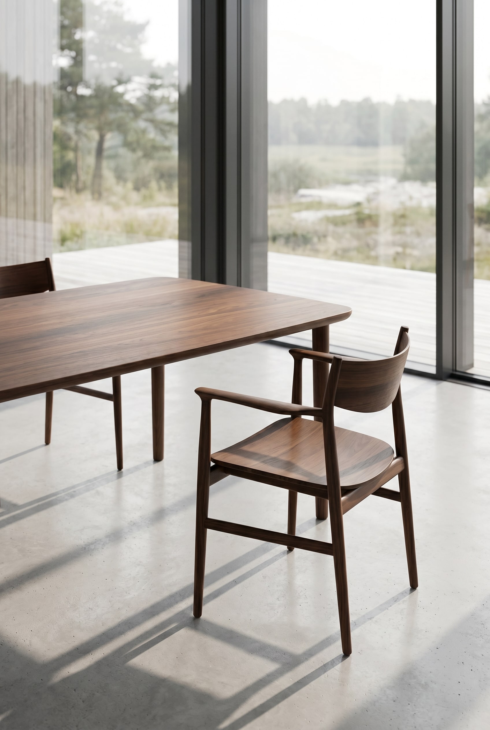 Salle à manger élégante avec fauteuil minimaliste en bois foncé et grande table en noyer