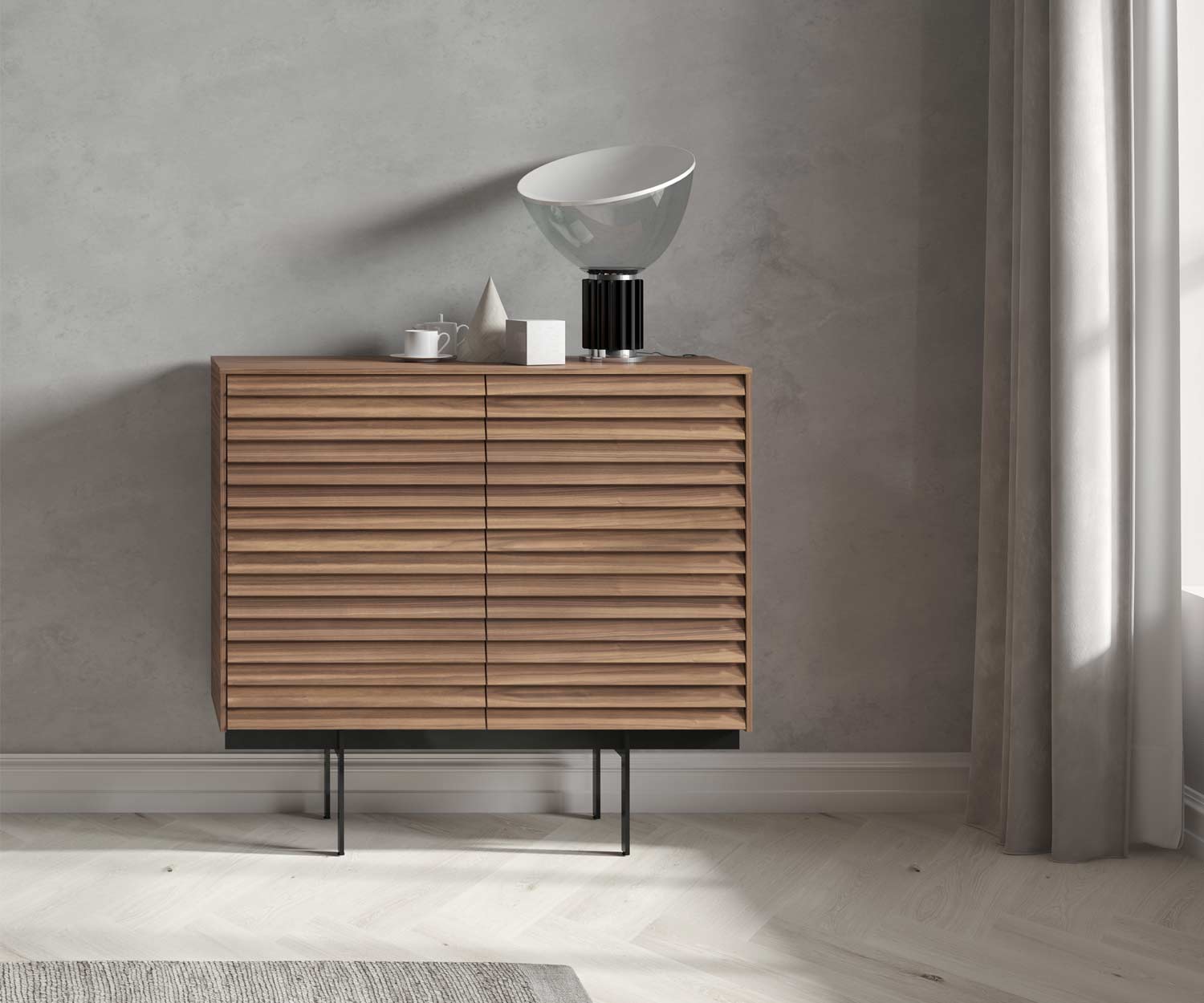 Configurateur design haut de gamme avec deux modules en tant que highboard en noyer Configurateur design haut de gamme avec deux modules en tant que highboard en noyer