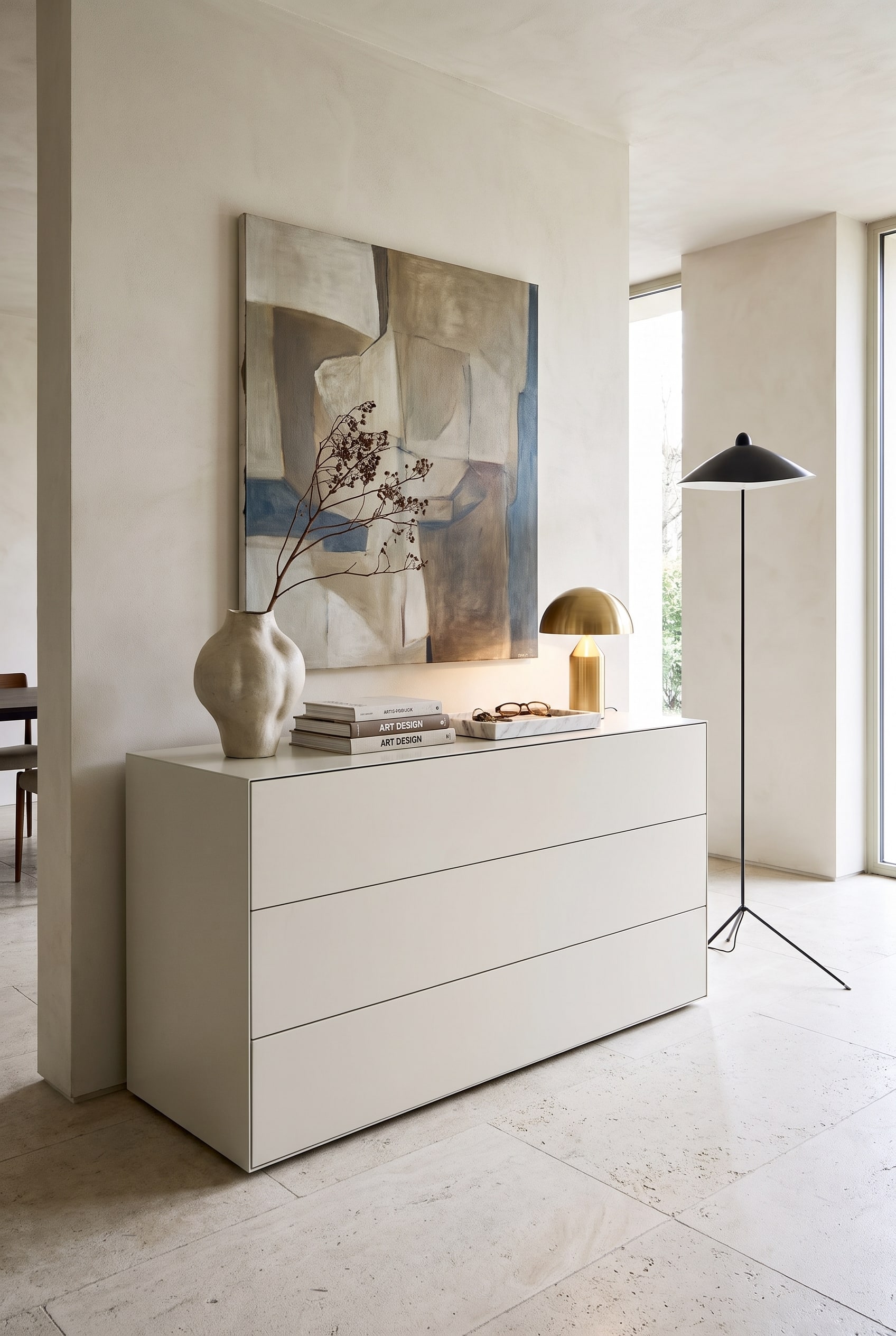 Une commode moderne dont la surface de rangement est harmonieusement reliée aux panneaux muraux supérieurs grâce à une décoration ciblée et une lampe de table.