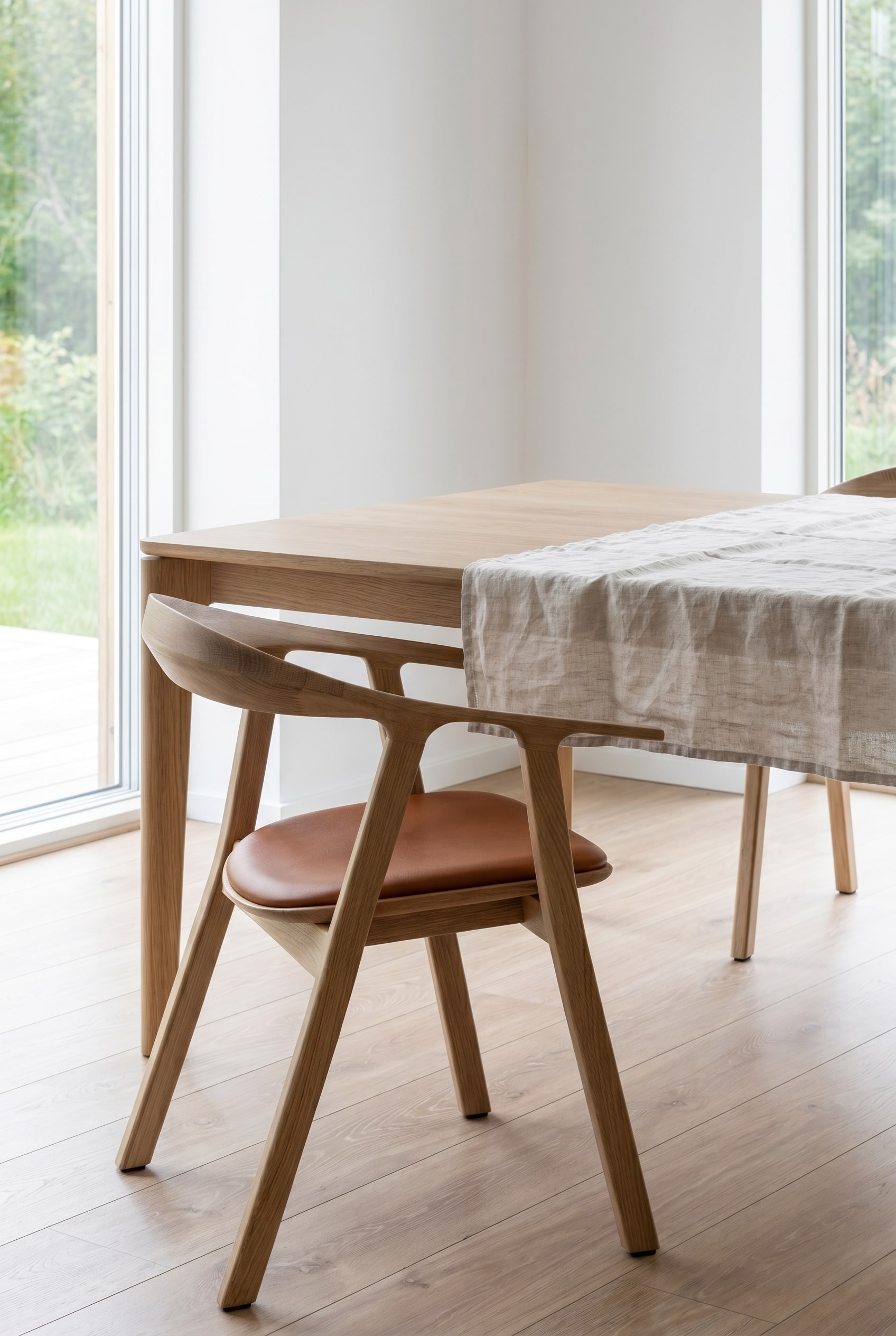 Salle &agrave; manger scandinave avec chaise en bois massif en ch&ecirc;ne et rembourrage en cuir couleur cognac &agrave; la table en bois