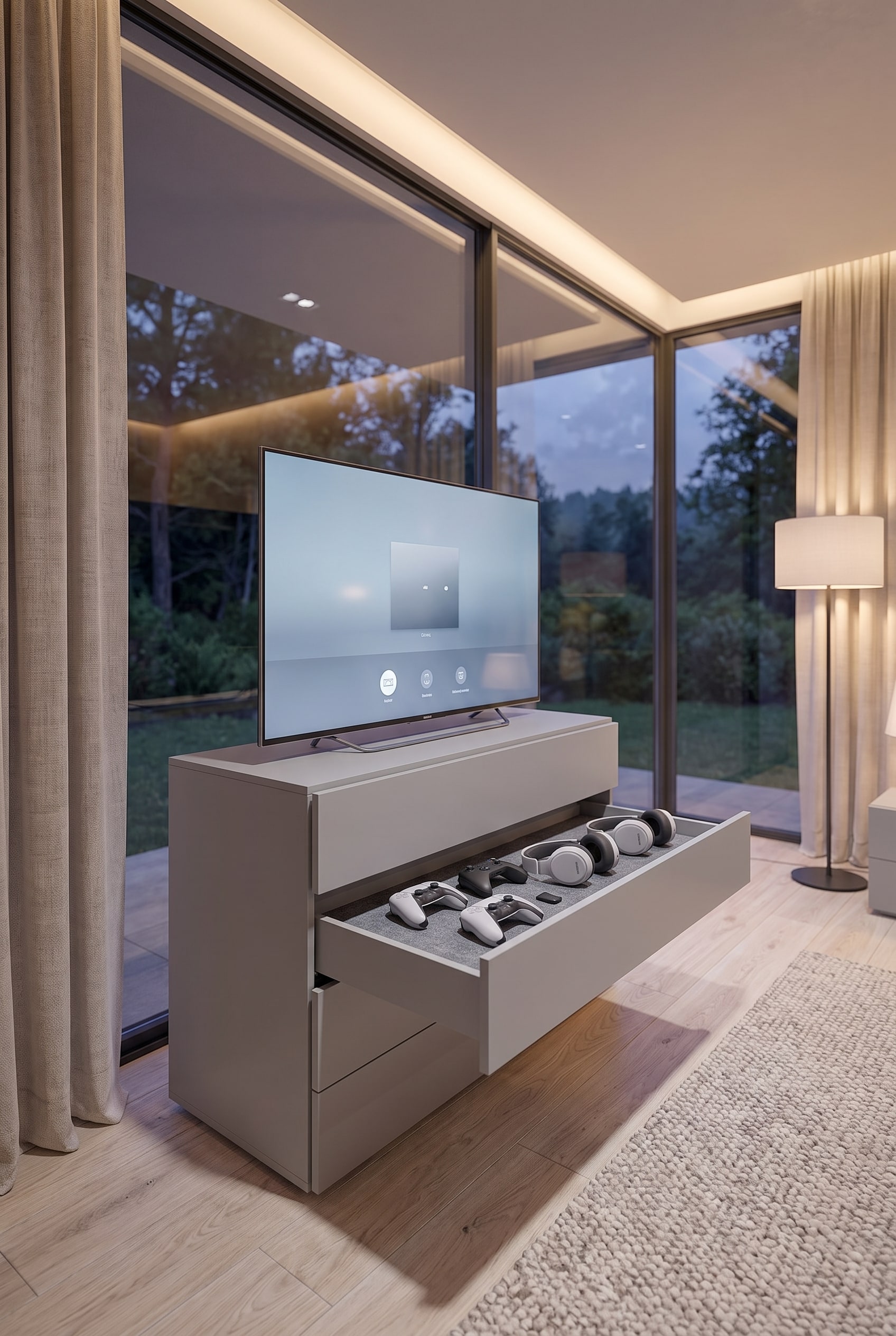 Une commode cubique en greige avec un tiroir plat, dans lequel quatre manettes et deux casques sont disposés côte à côte sur un tapis de feutre.