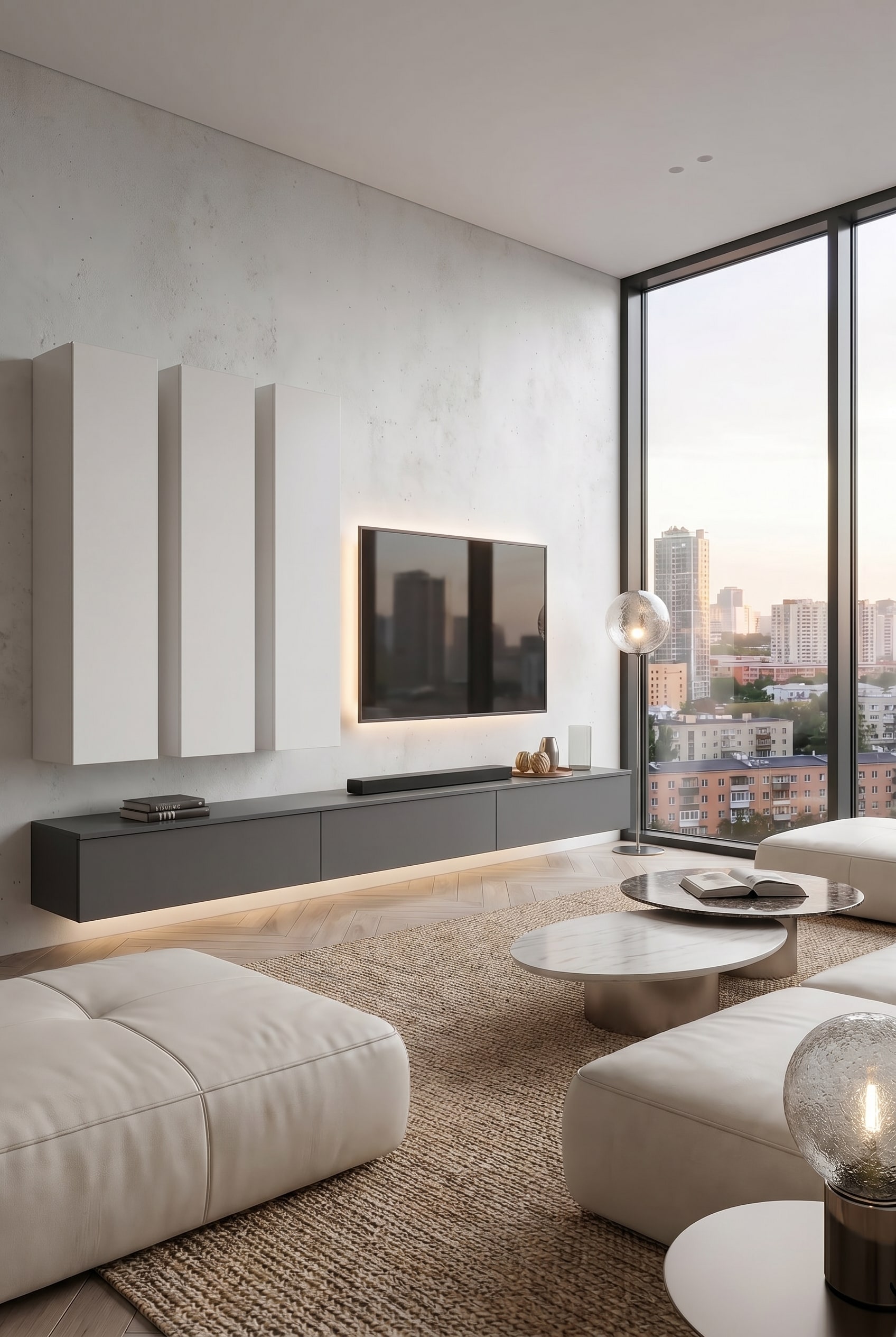 Meuble TV avec un espacement optimal pour les barres de son et des façades acoustiquement transparentes Meuble TV avec un espacement optimal pour les barres de son et des façades acoustiquement transparentes