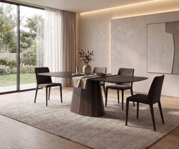 Table à manger al2 tessera 001 pour repas élégants, table ovale design en bois foncé dans une salle à manger.