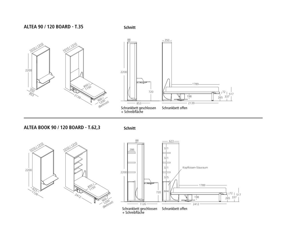 Lit armoire de 120 cm de large avec bureau