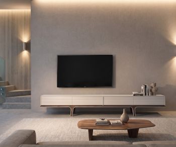 Meuble TV bas al2 Mobius 004 dans un salon minimaliste, banc TV blanc mat avec pieds en bois foncé de style moderne.