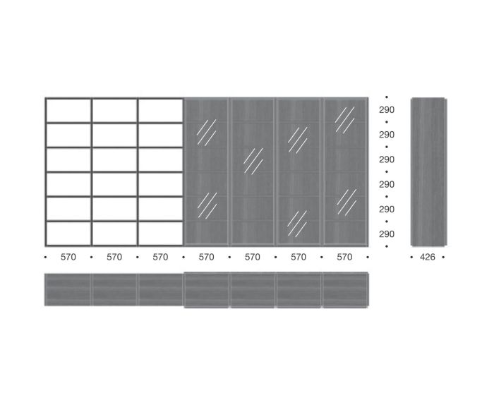 Étagère à livres design Portes en verre Séparation de pièce Dimensions C91 Esquisse Dimensions