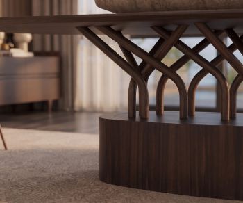 Table à manger design al2 wood-oo 001 a avec piètement sculptural en bois foncé dans une salle à manger moderne