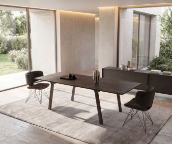 Table à manger design mobius 001 de al2 en bois foncé, posée sur un tapis dans une salle à manger moderne et lumineuse.