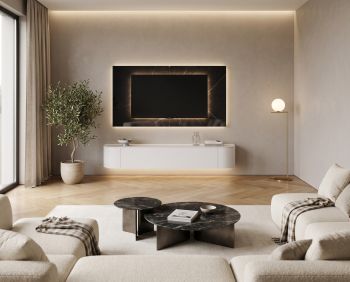 TV Paneel Keramik Weiß B 180 cm mit dem hängenden Lowboard Tondora in Weiß