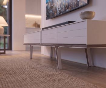Meuble TV bas al2 Mobius 004 pour salon. Buffet bas blanc mat au design moderne avec des pieds en bois massif.